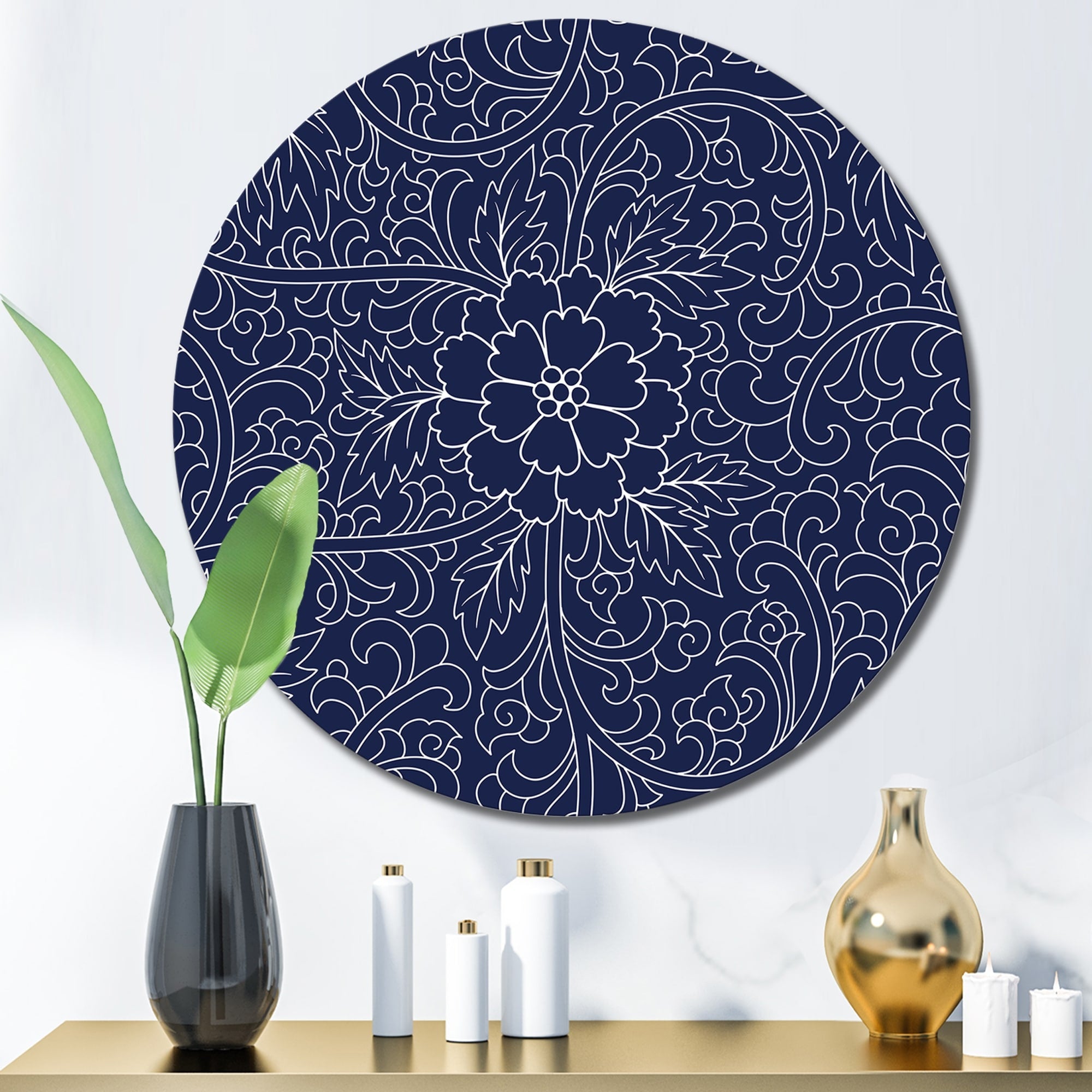 Designart 'Dark Blue Chinese Pattern' Modern Metal Circle Wall Art