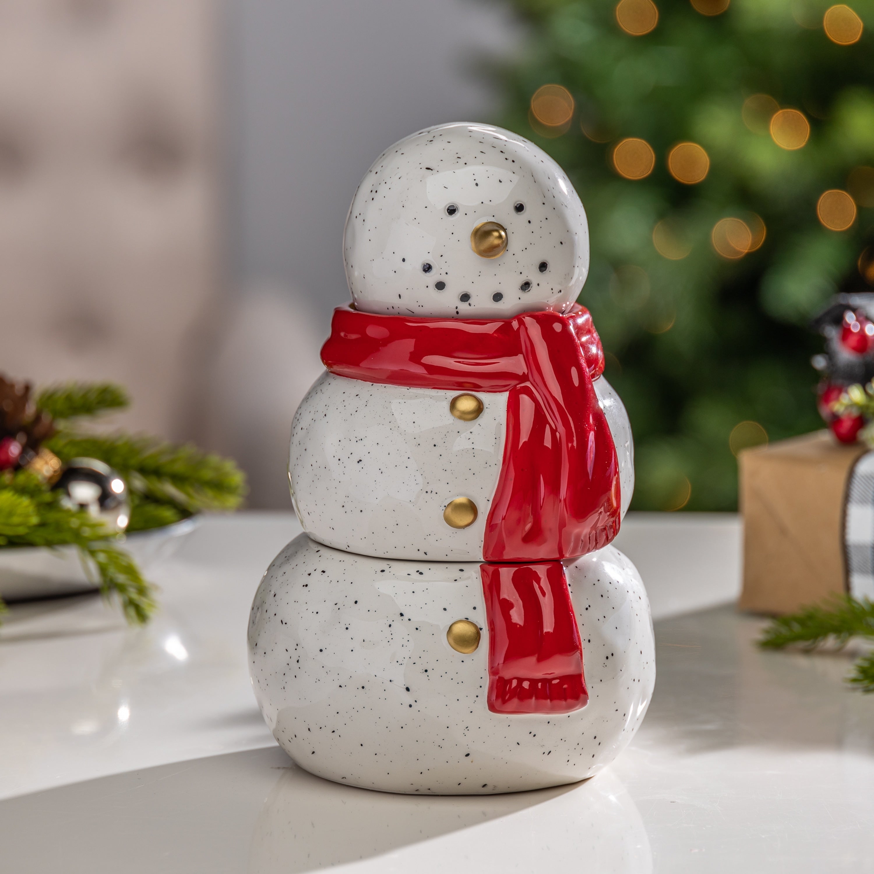 Charming 8 Inch Ceramic Snowman Jar with Wax Candle