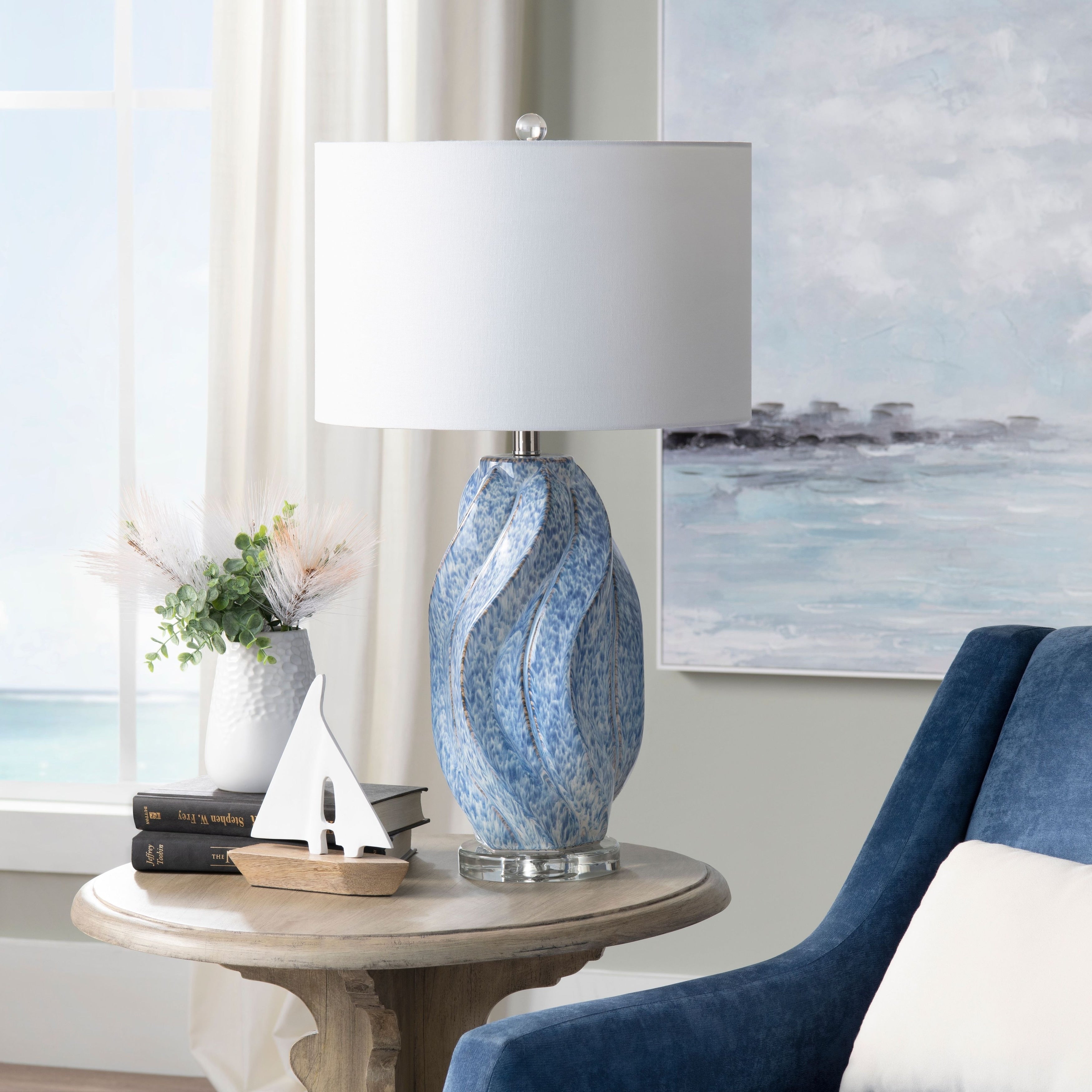 Janice 3-Way Swirl Ceramic Table Lamp with White Linen Shade