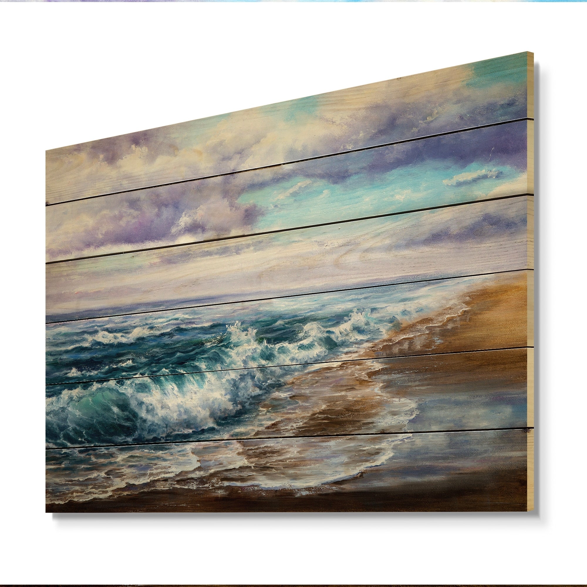 Designart 'Coastal Waves Painting' Nautical & Coastal Wood Wall Art Panels - Natural Pine Wood