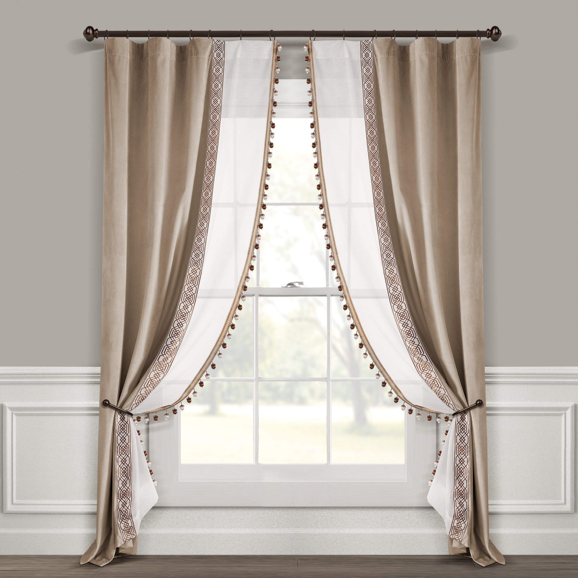 Lush Decor Luxury Vintage Velvet And Sheer With Border Pompom Trim Window Curtain Panel Single