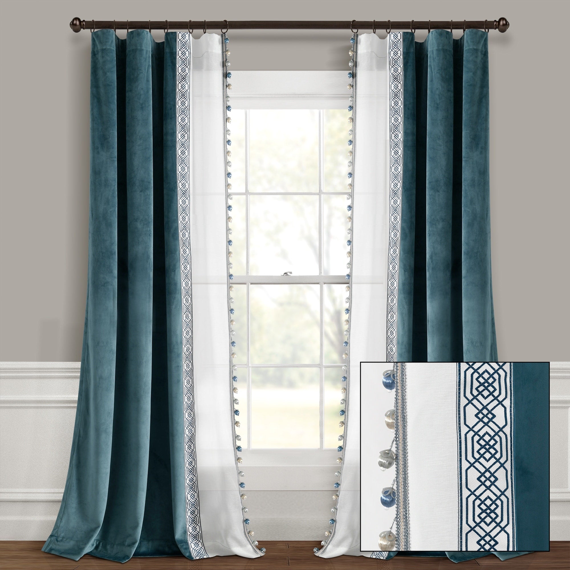 Lush Decor Luxury Vintage Velvet And Sheer With Border Pompom Trim Window Curtain Panel Single