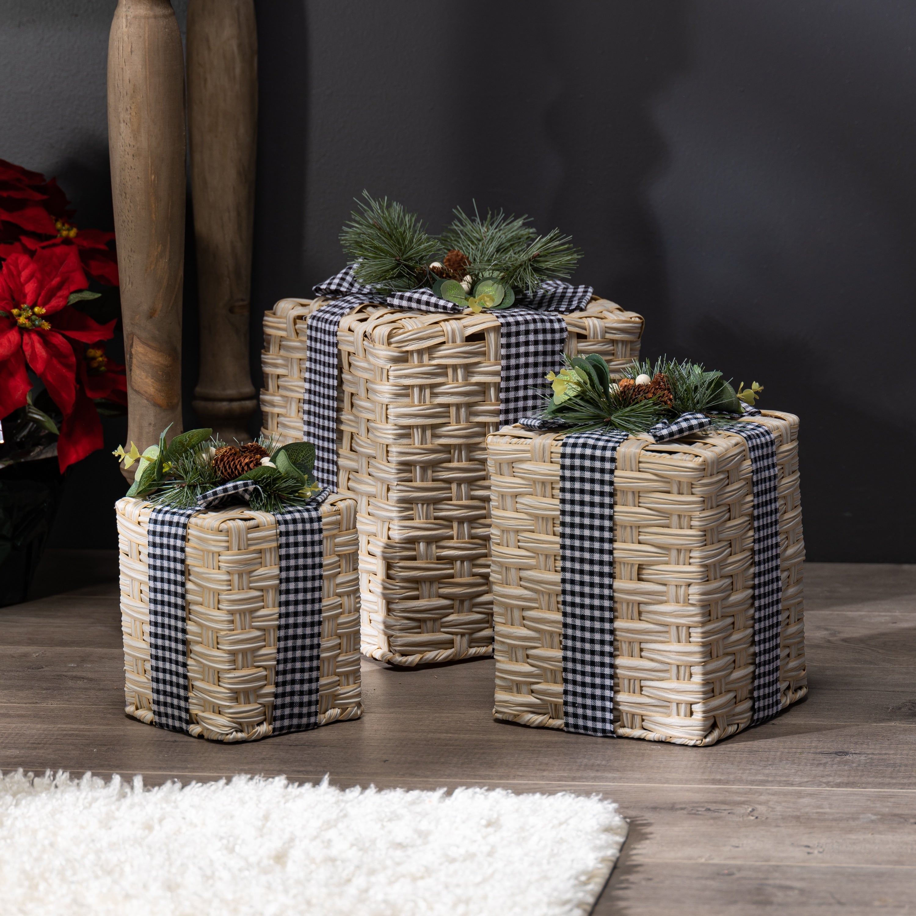 Woven Nested Box Decor with Pine Cones and Bow Set of 3