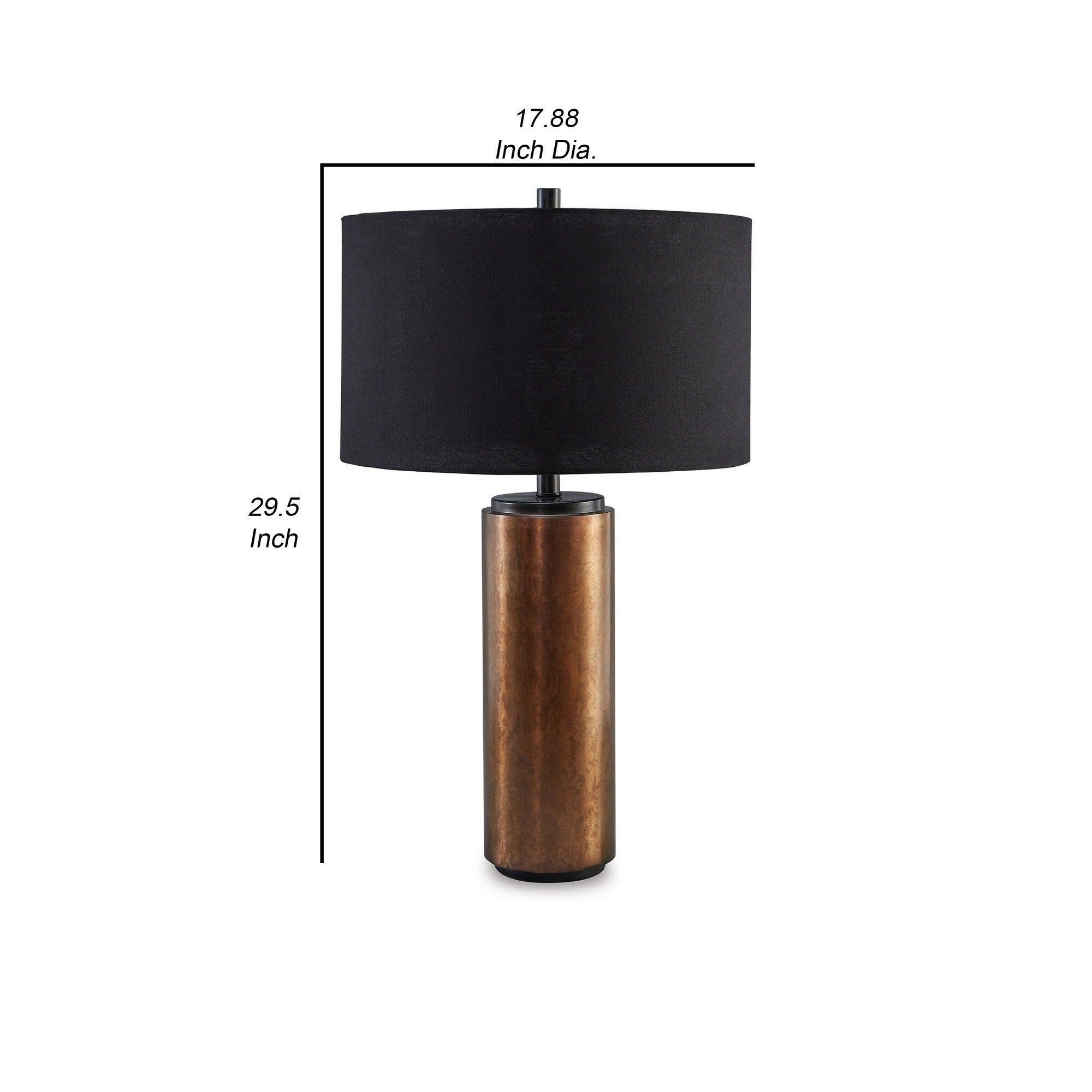 30 Inch Modern Table Lamp, Cylindrical Brass Metal Base, Black Drum Shade