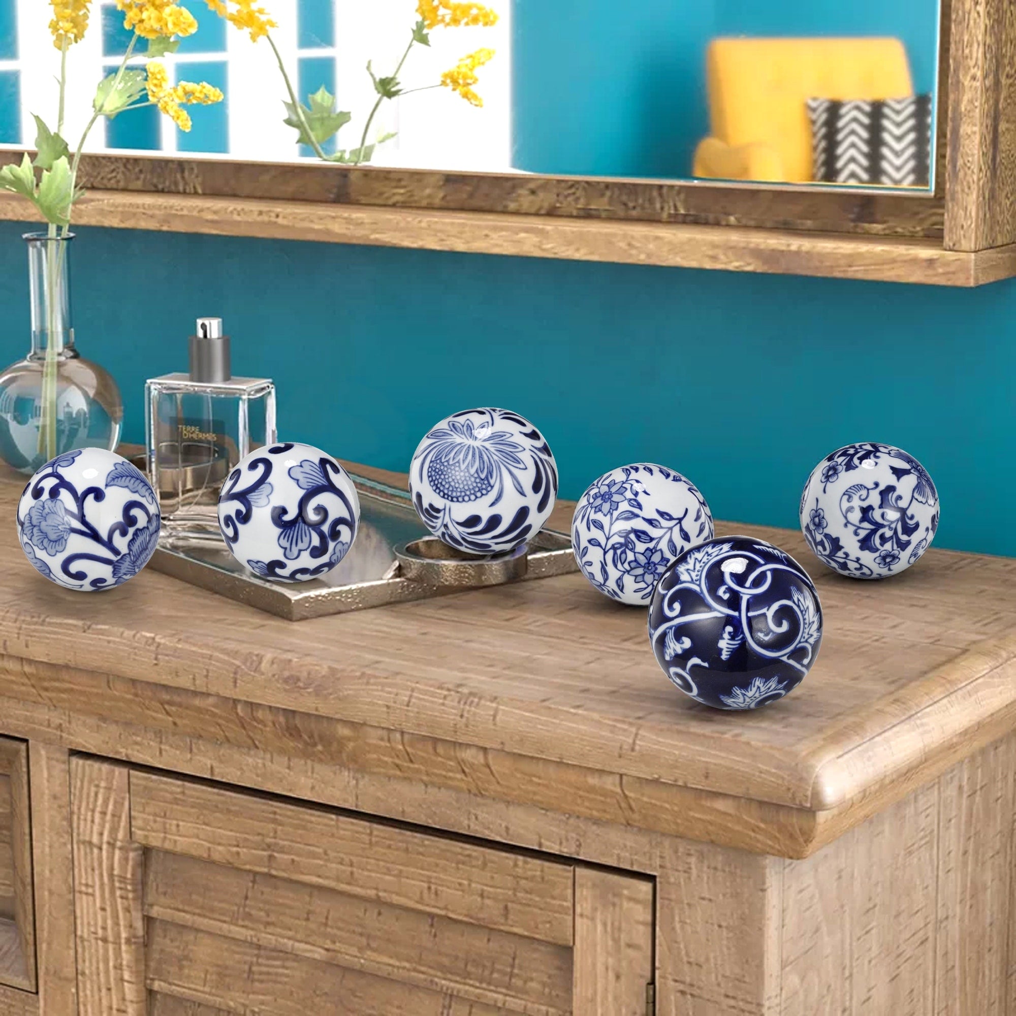 Flashy Ceramic Decorative Orbs, Blue and White, Set of 6