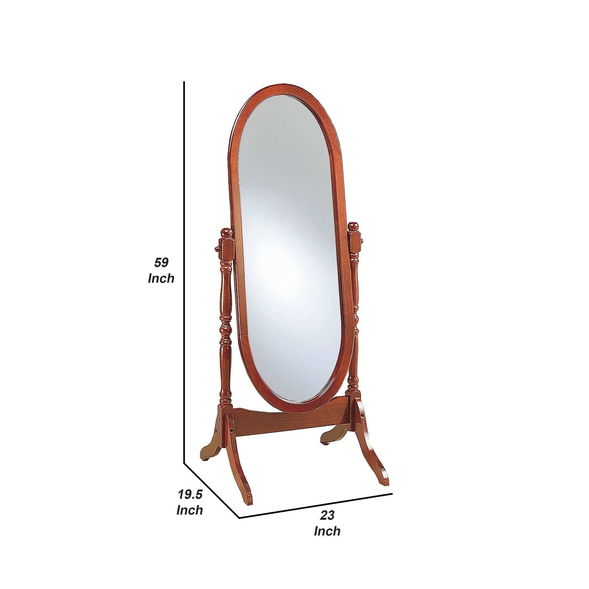 Standing Cheval Mirror with Oval Frame Turned Posts, Brown