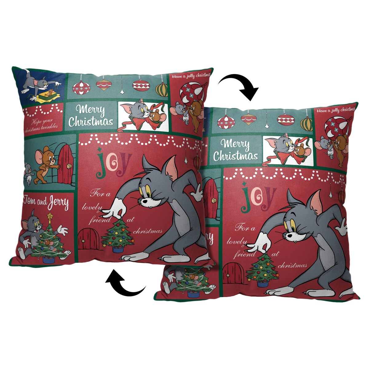 WB Tom and Jerry Christmas Compilation Printed Throw Pillow - Red