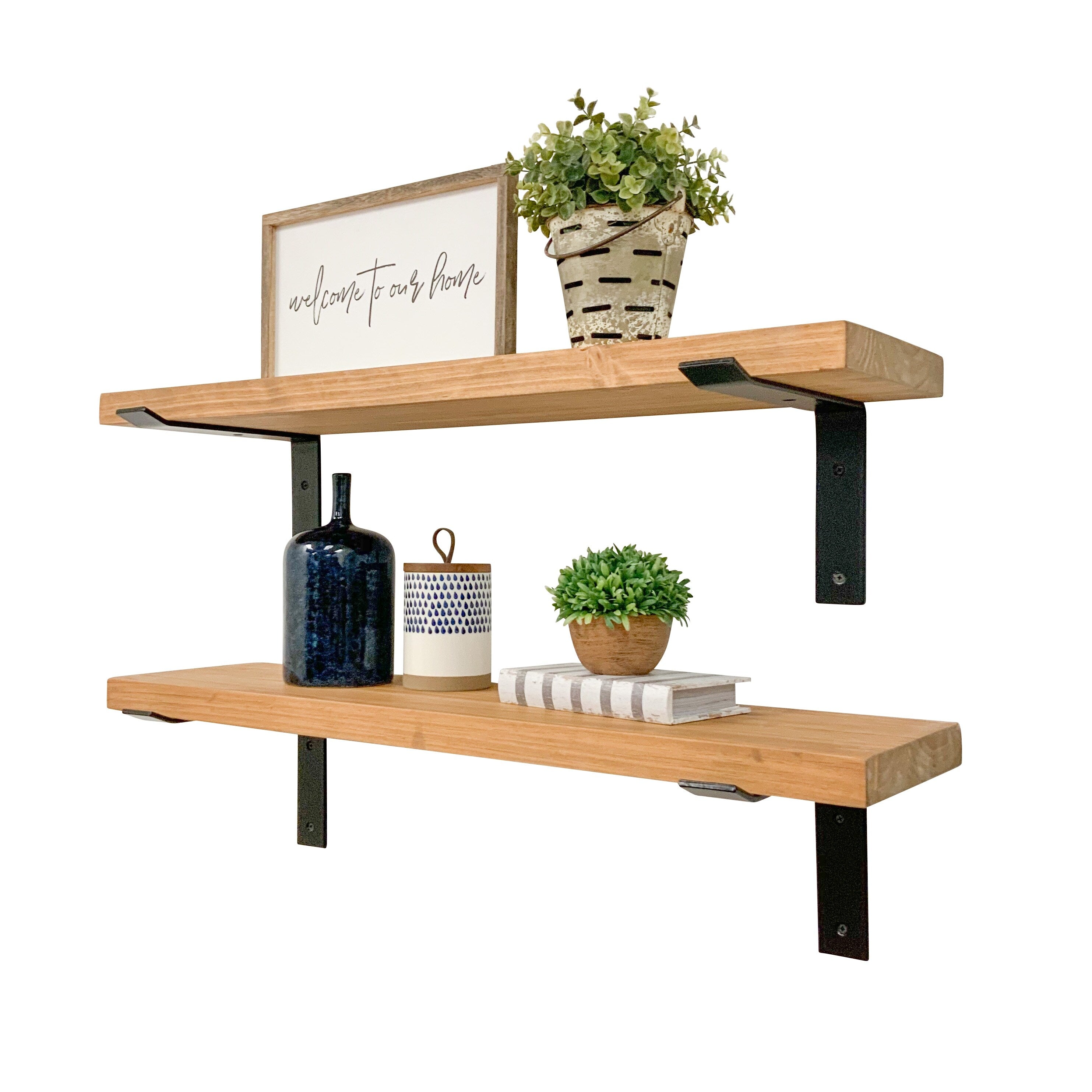 Industrial Pine Wood Heavy Duty Decorative Wall Shelf Set of 2 with Brackets