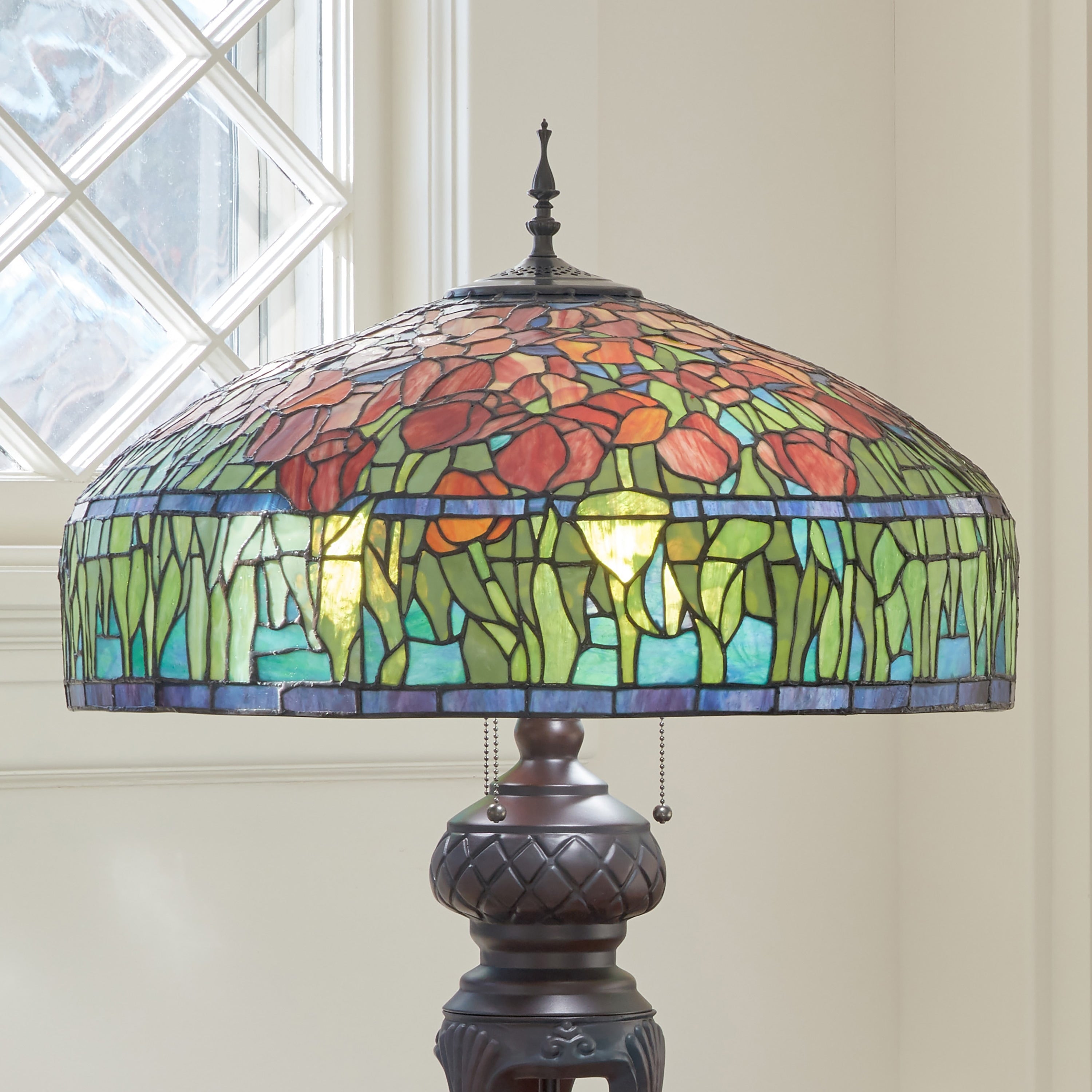 Tulip River of Goods Tiffany-Inspired Red and Green Stained Glass 33.25-Inch Table Lamp - 22 x 22 x 33.25