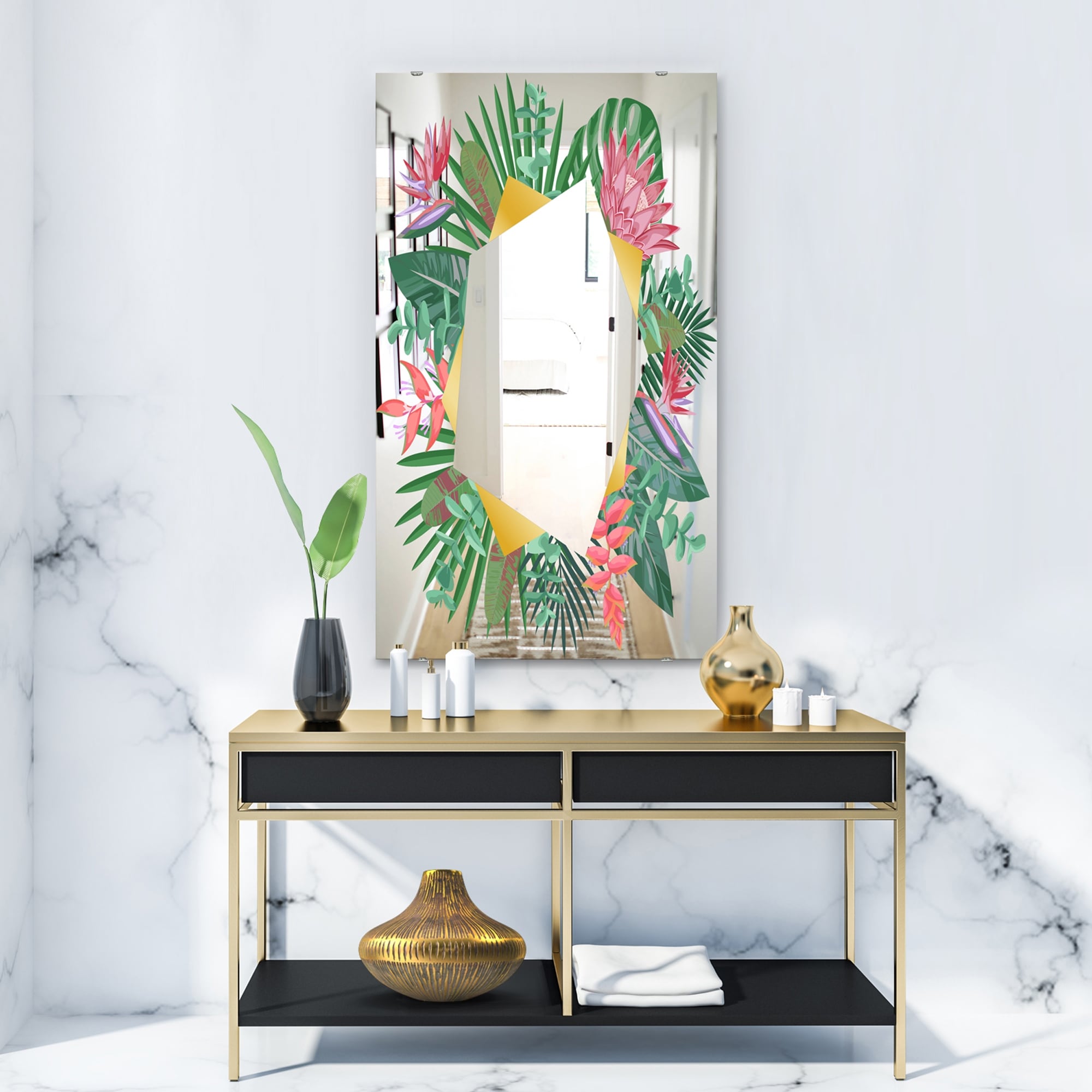 Designart 'Efflorescent Gold Abundance 1' Traditional Mirror - Large Printed Wall Mirror