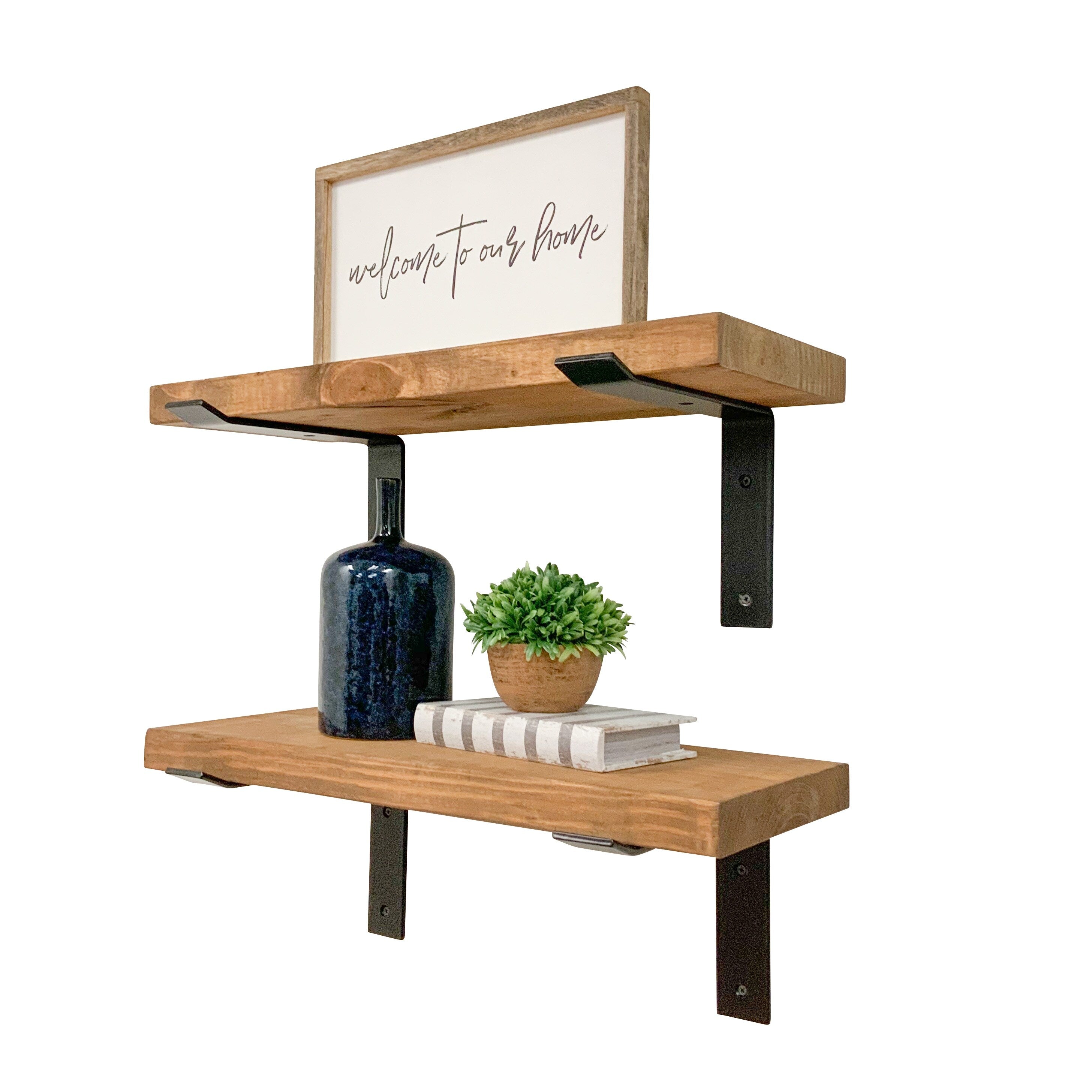 Industrial Pine Wood Heavy Duty Decorative Wall Shelf Set of 2 with Brackets