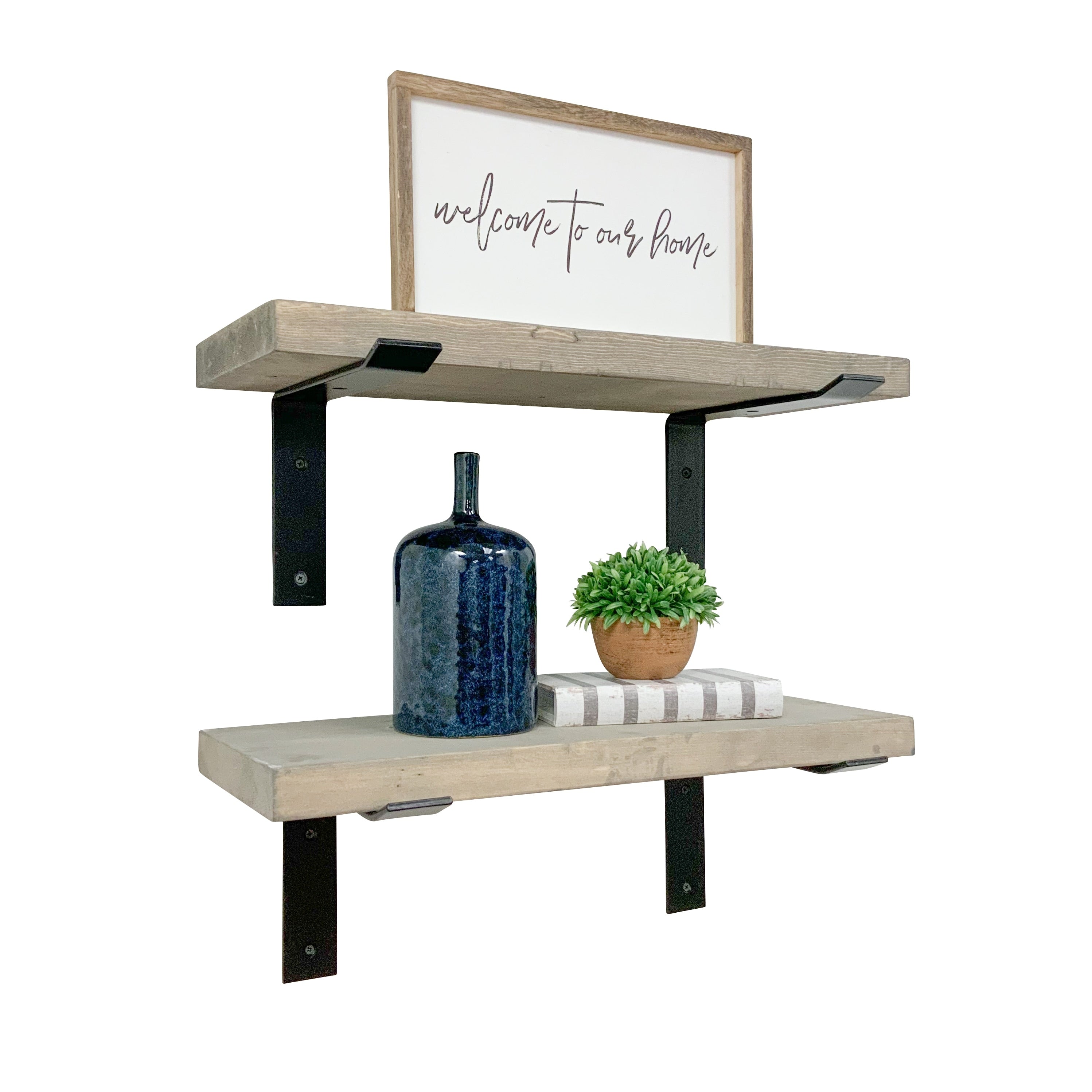 Industrial Pine Wood Heavy Duty Decorative Wall Shelf Set of 2 with Brackets