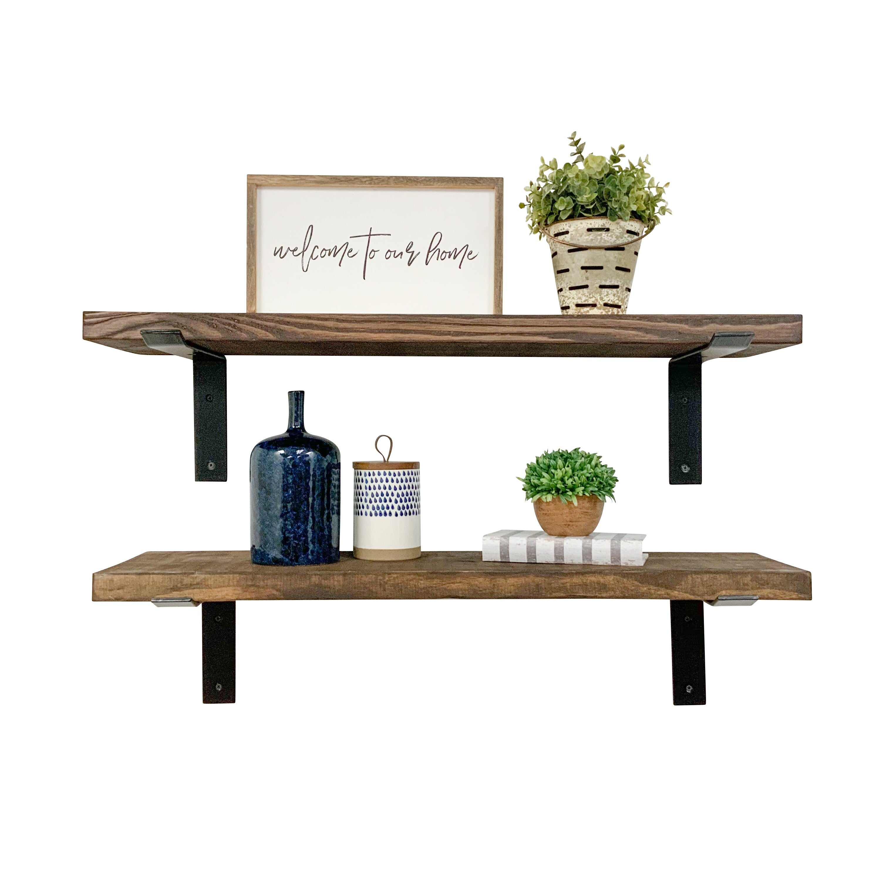 Industrial Pine Wood Heavy Duty Decorative Wall Shelf Set of 2 with Brackets