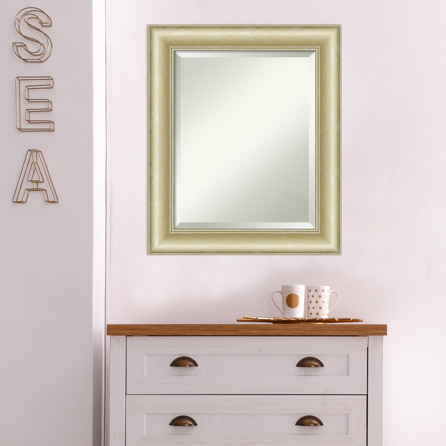 Beveled Bathroom Wall Mirror - Textured Light Gold Frame