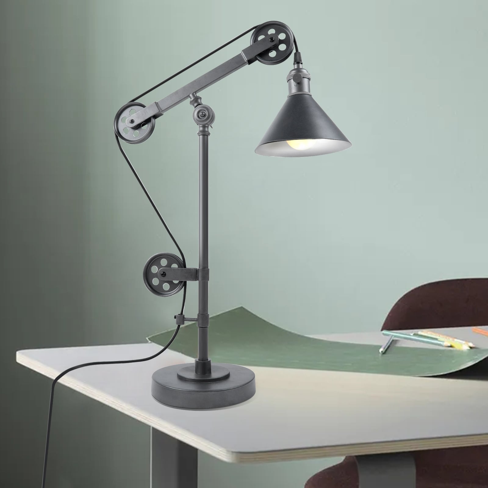 Industrial Table Lamp With Pulley System Adjustable Arm Desk Lamp