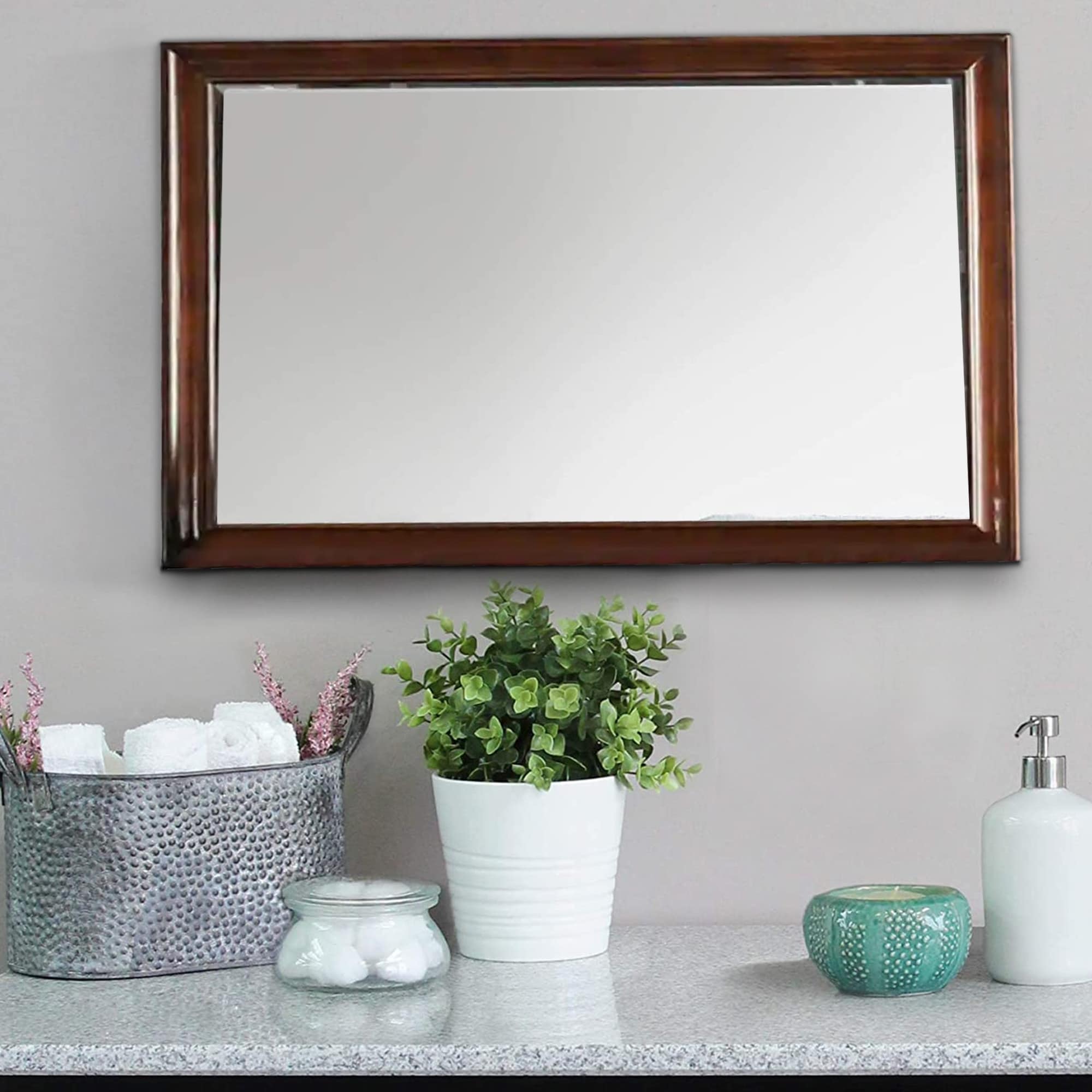 44 Inch Wall Mirror, Molded Trim, Rectangular Wood Frame, Cherry Brown