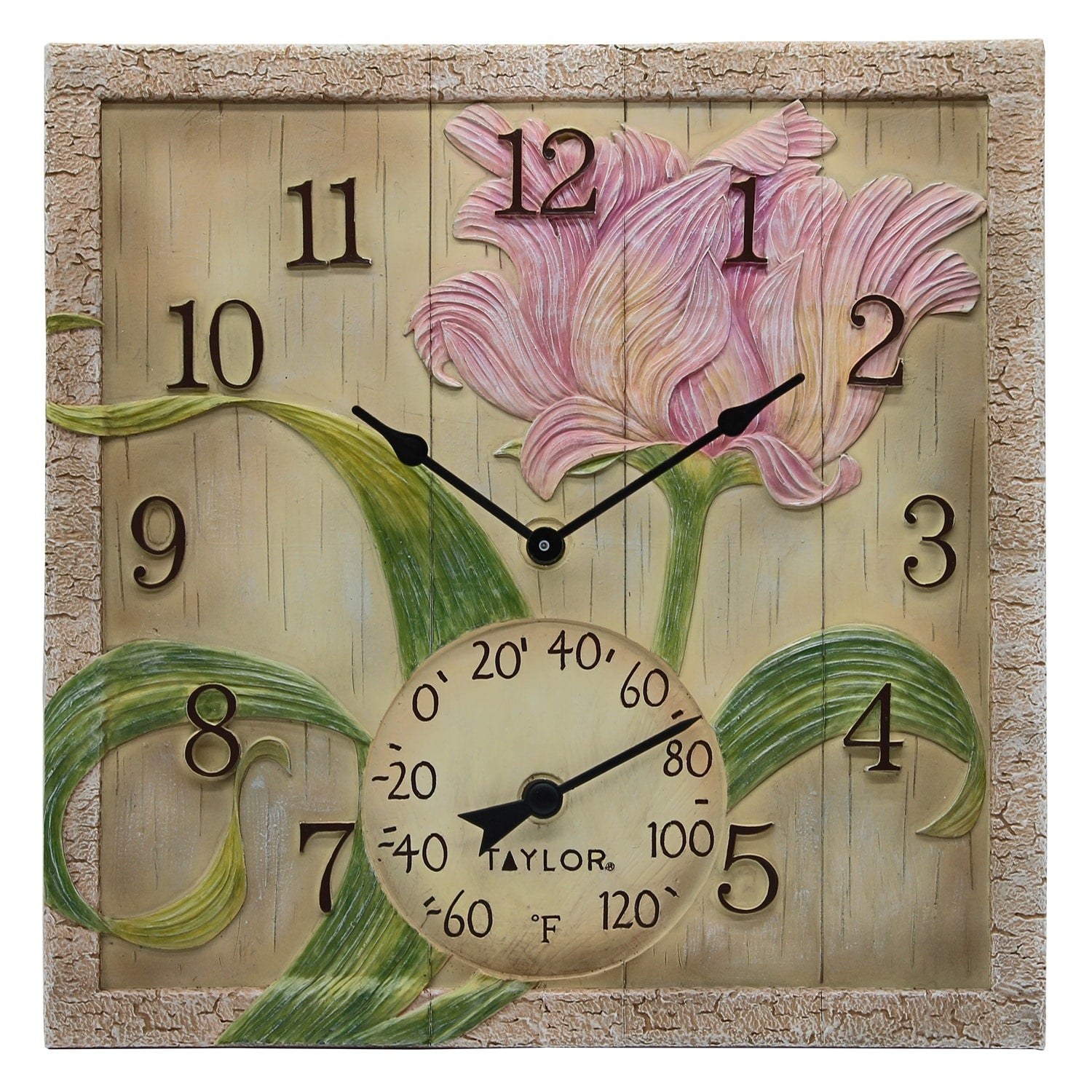 Taylor 14 x 14 Poly Resin Beachwood Flower Clock with Thermometer