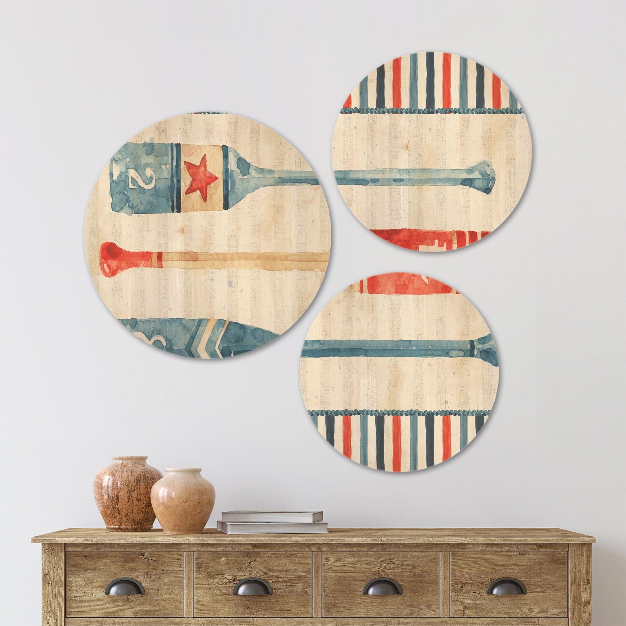 Designart 'Watercolor Nautical paddles' Nautical & Coastal Wood Wall Art Set of 3 Circles