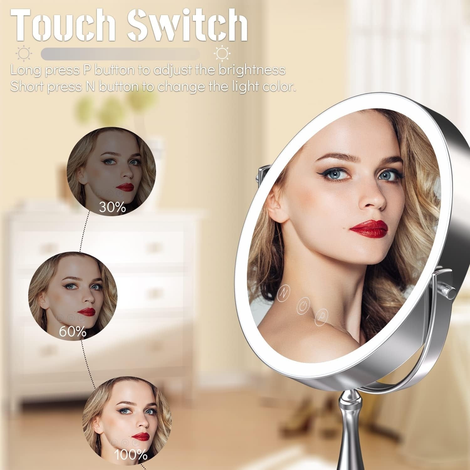 9 Makeup Mirror, 1X/10X Magnifying Mirror with 3 Colors Dimmable Lightning, 360°Rotation Double Sided Desk Mirror