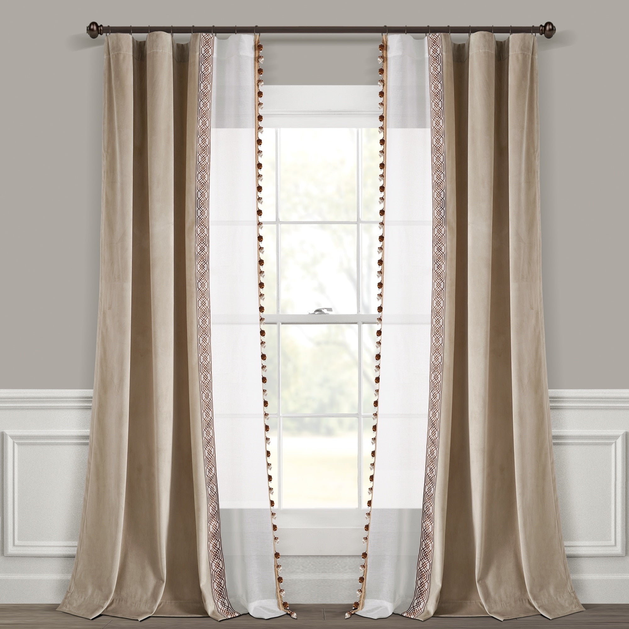 Lush Decor Luxury Vintage Velvet And Sheer With Border Pompom Trim Window Curtain Panel Single