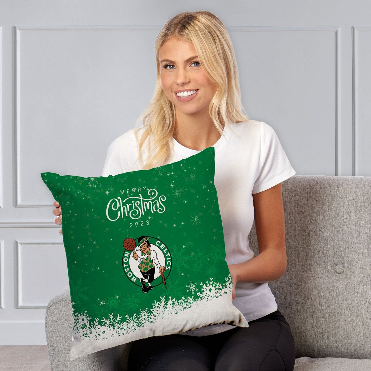 NBA Christmas 2023 Celtics Printed Throw Pillow - Green