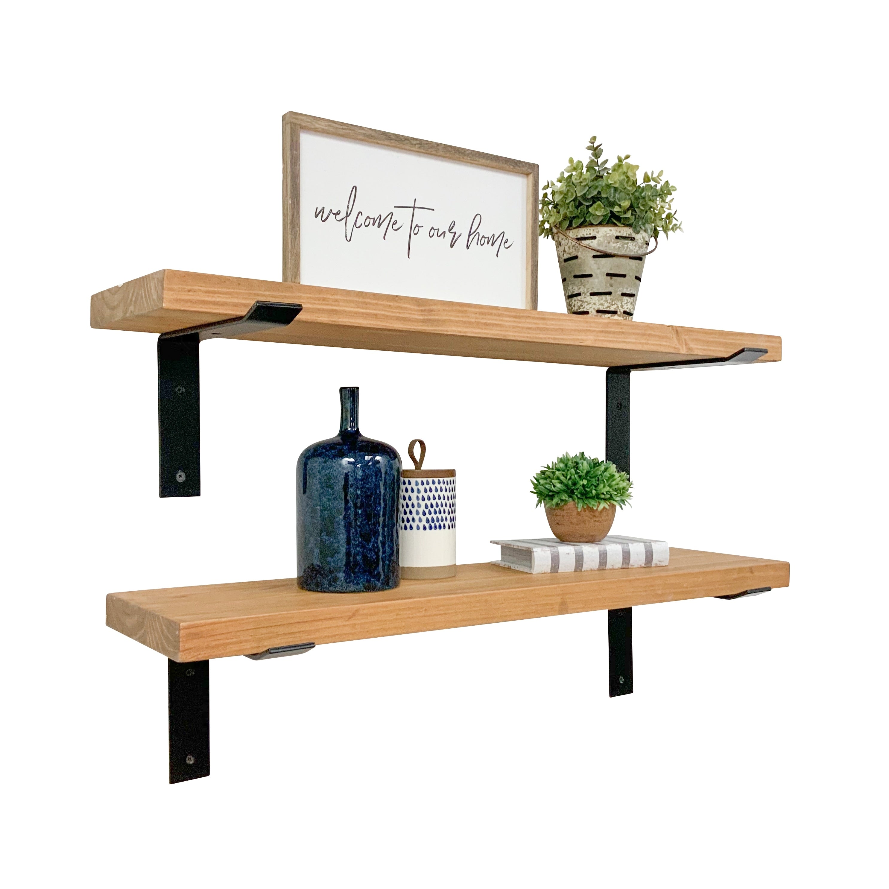 Industrial Pine Wood Heavy Duty Decorative Wall Shelf Set of 2 with Brackets