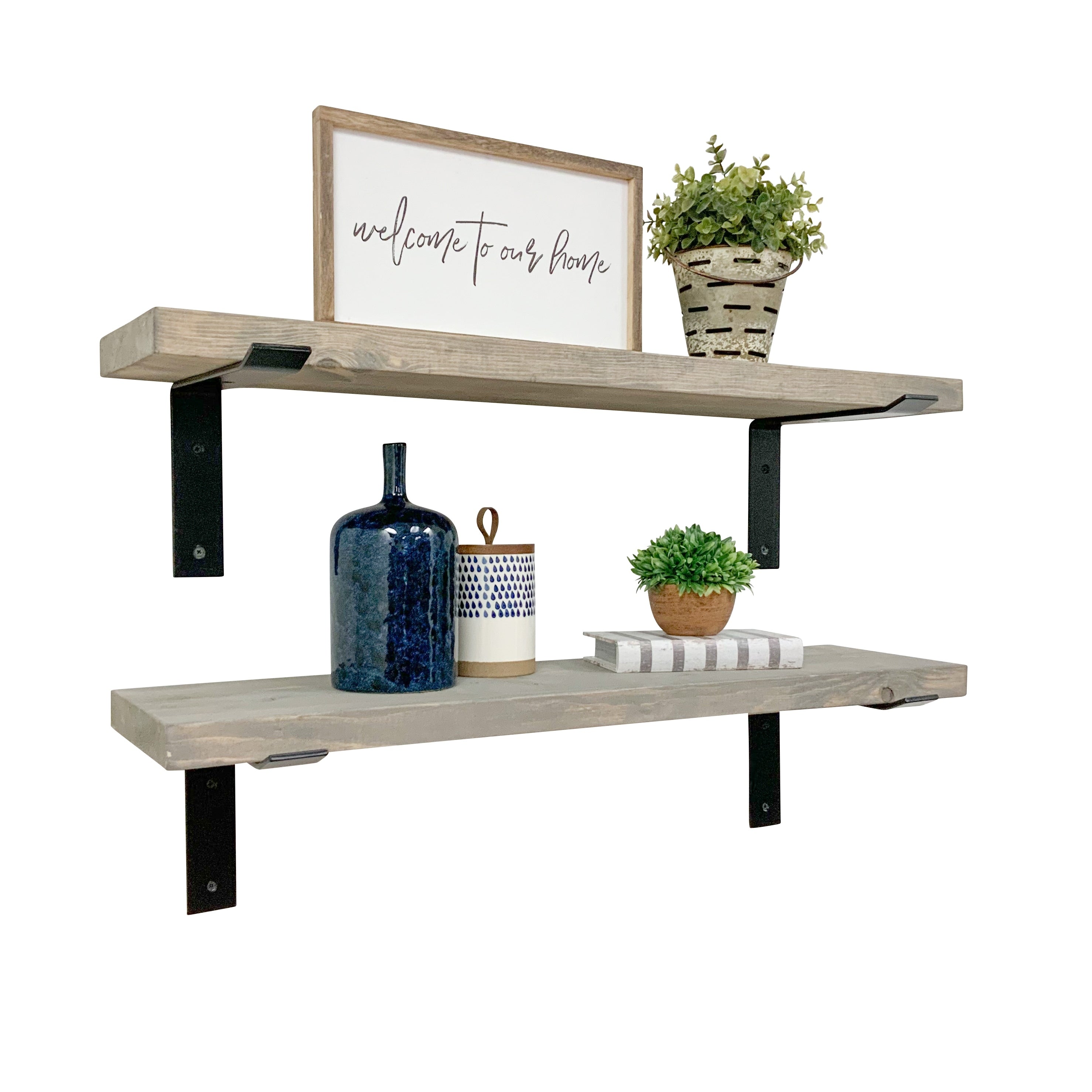 Industrial Pine Wood Heavy Duty Decorative Wall Shelf Set of 2 with Brackets