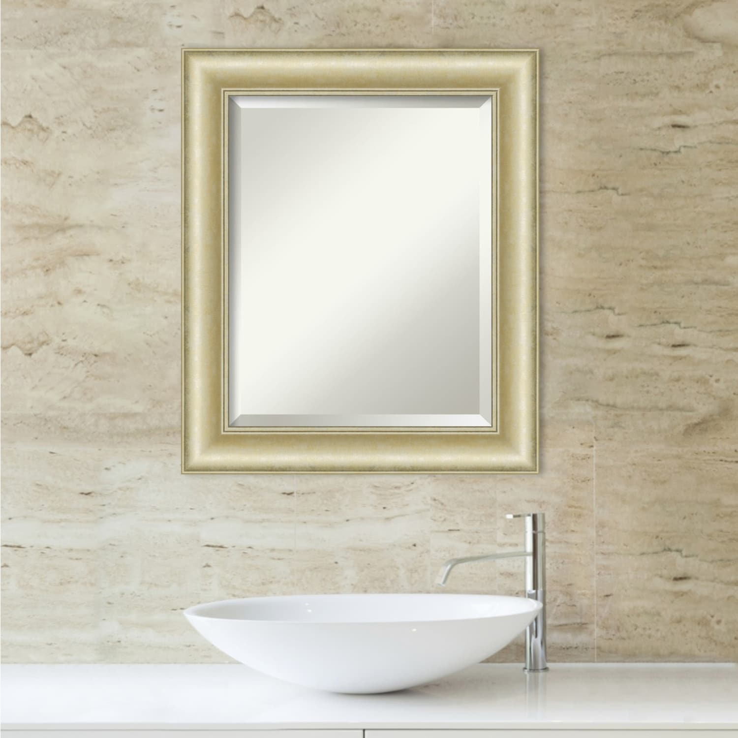 Beveled Bathroom Wall Mirror - Textured Light Gold Frame