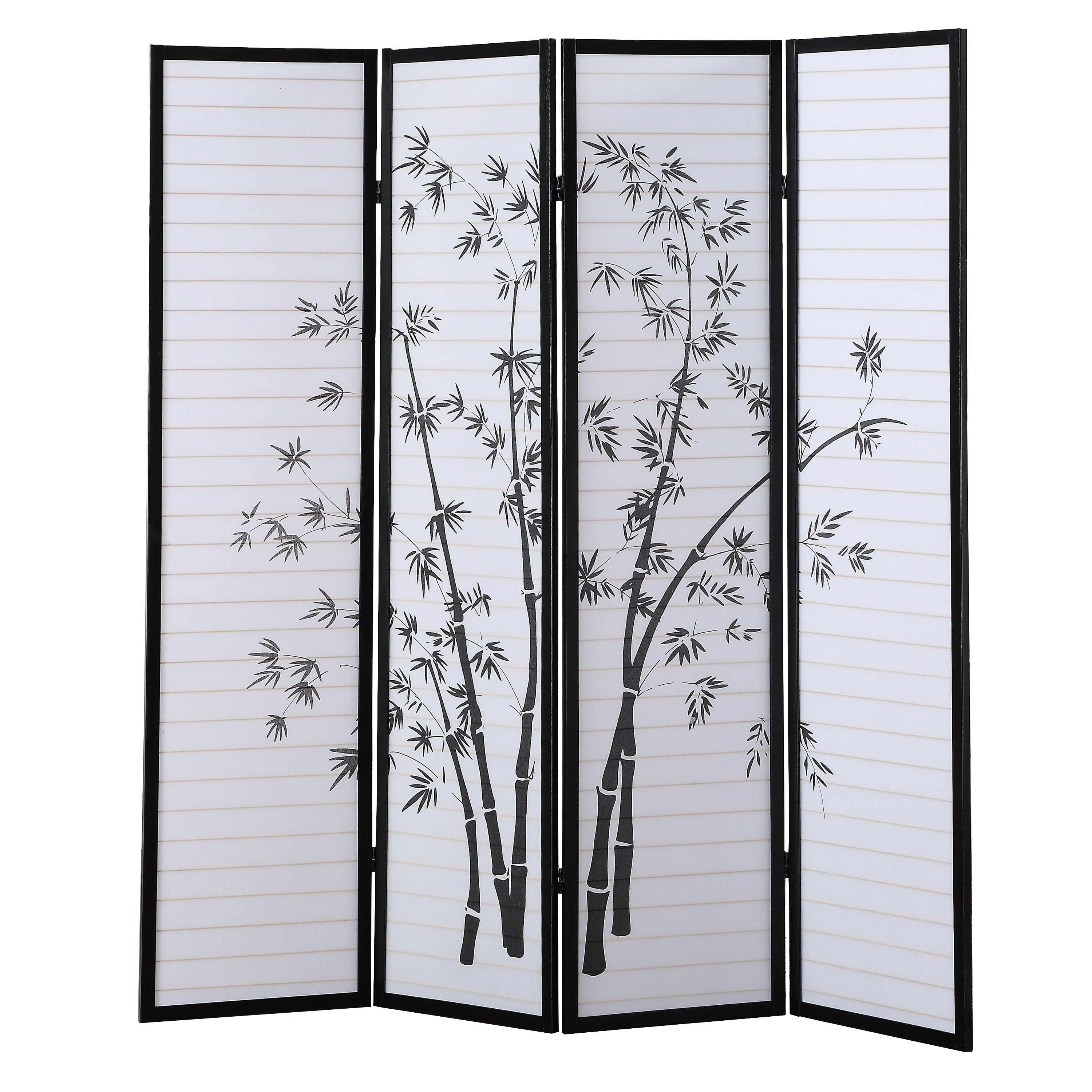 Bamboo Print 4-Panel Framed Room Screen/Divider, Black