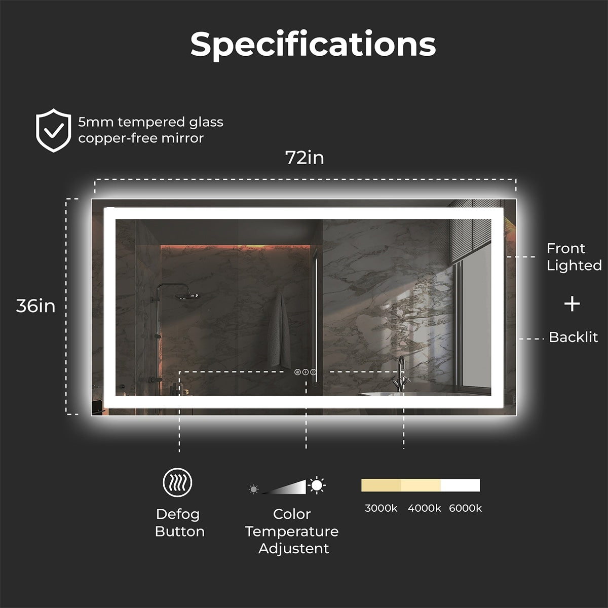 LED Bathroom Mirror with Lights 72x36, Lighted Vanity Mirror Wall Mounted with Front and Backlit - White