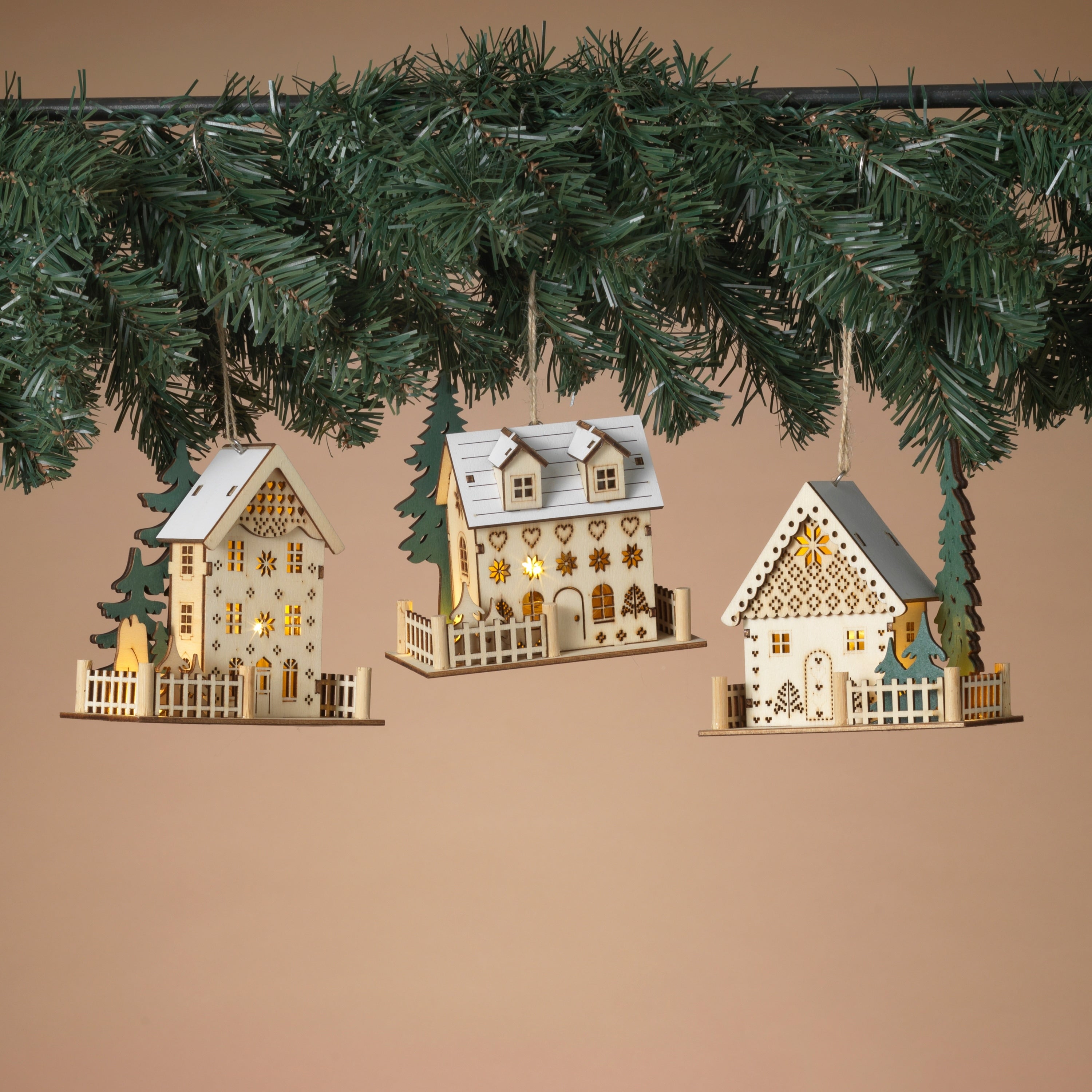 4.25 in Lighted Laser Cut Wood House Ornament Set of 3