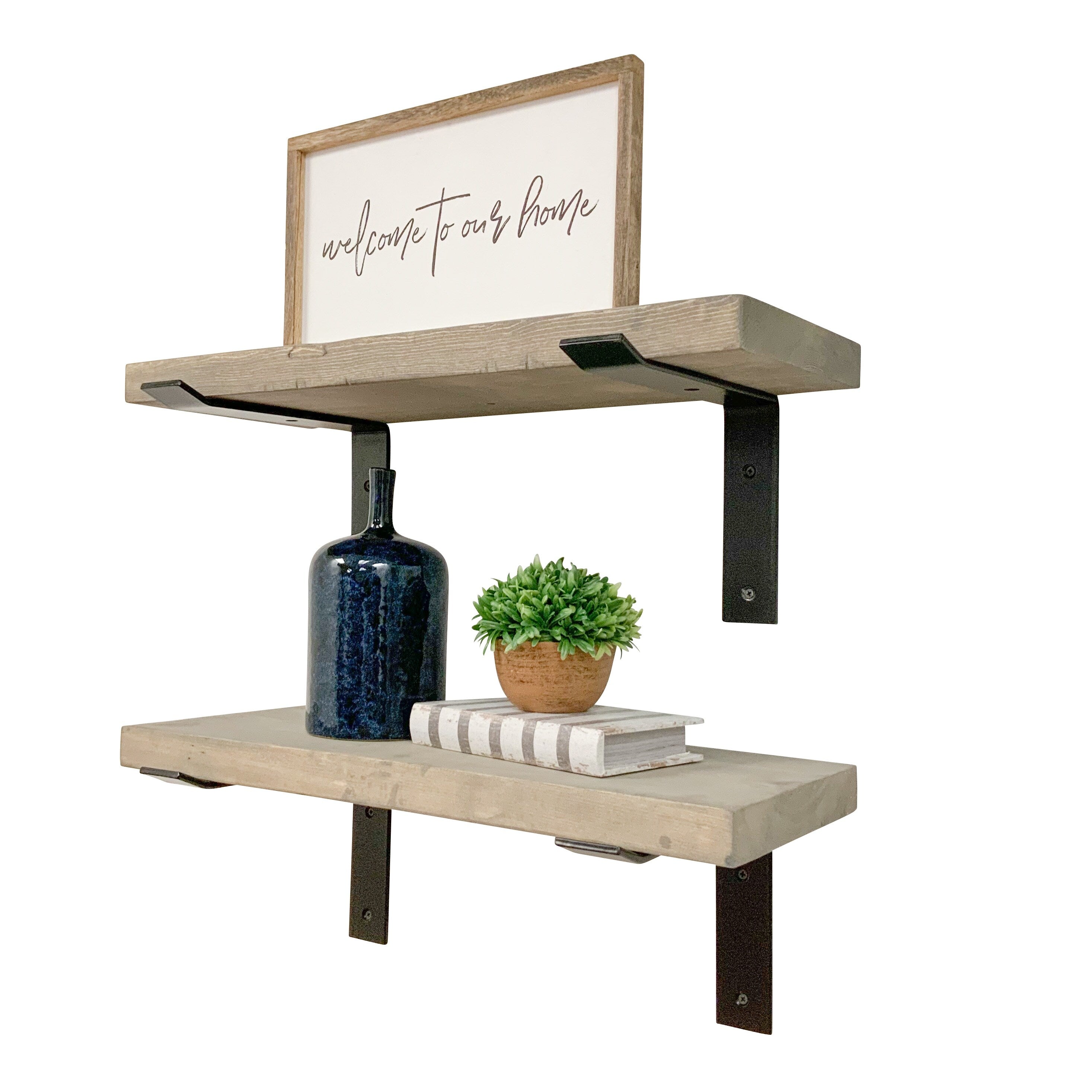 Industrial Pine Wood Heavy Duty Decorative Wall Shelf Set of 2 with Brackets