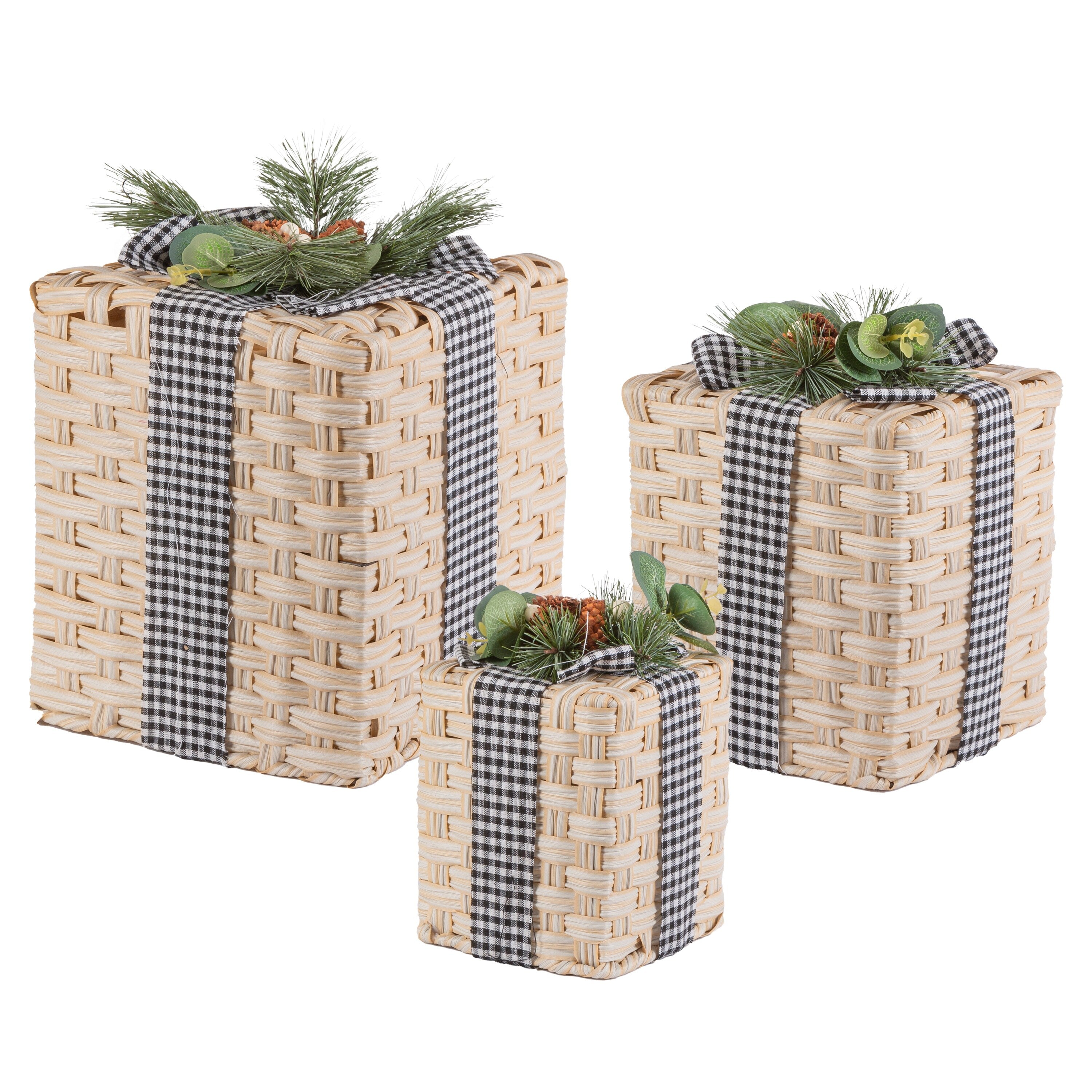 Woven Nested Box Decor with Pine Cones and Bow Set of 3