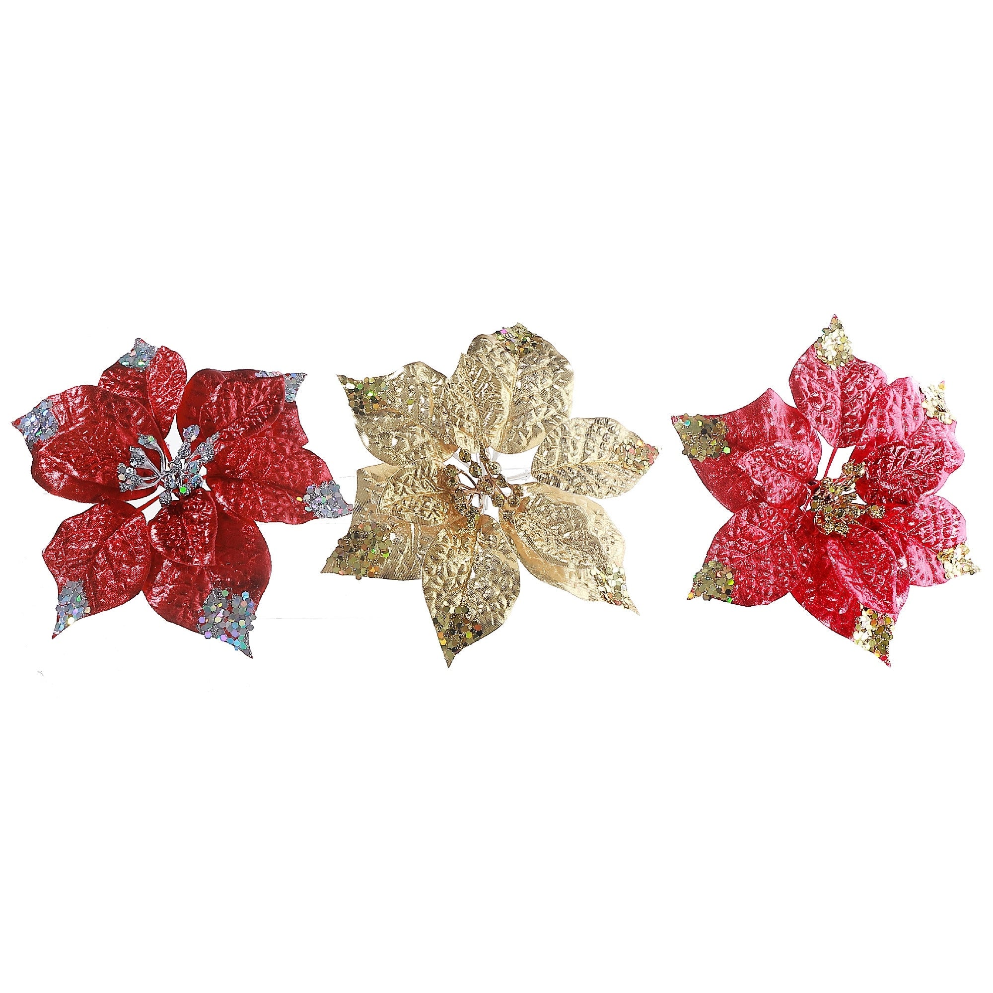 Glitter Edged Poinsettia Clip - Set of 6 - Multi