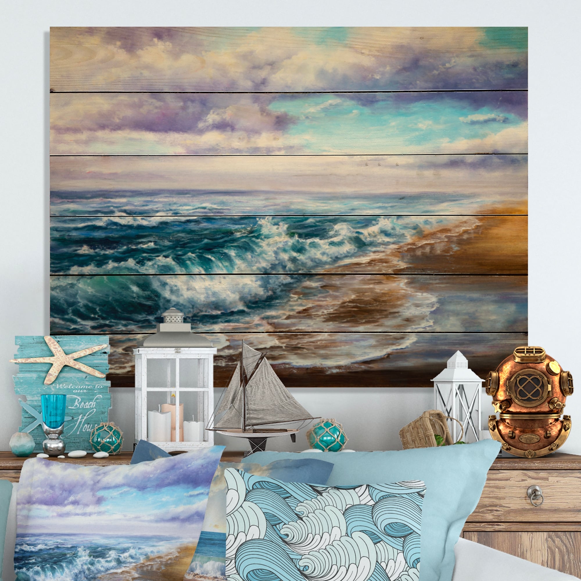 Designart 'Coastal Waves Painting' Nautical & Coastal Wood Wall Art Panels - Natural Pine Wood