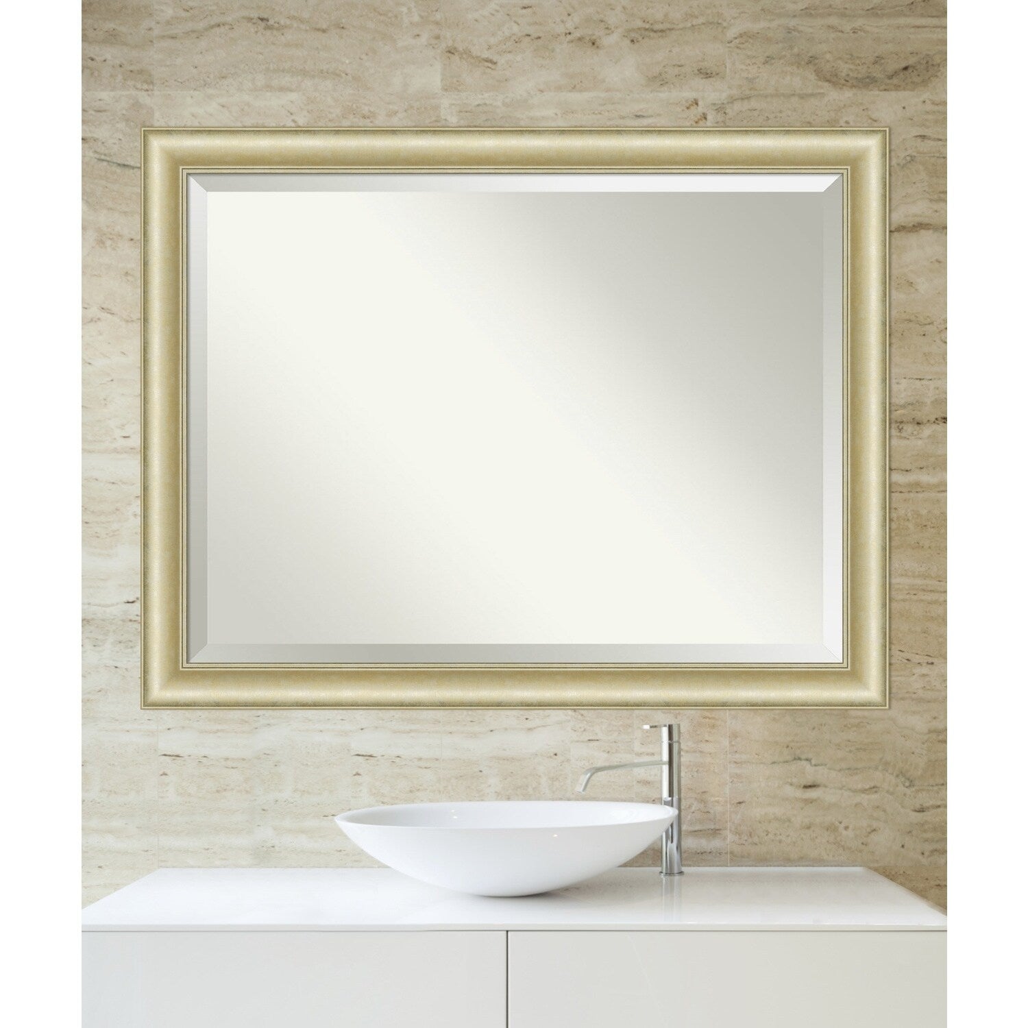 Beveled Bathroom Wall Mirror - Textured Light Gold Frame