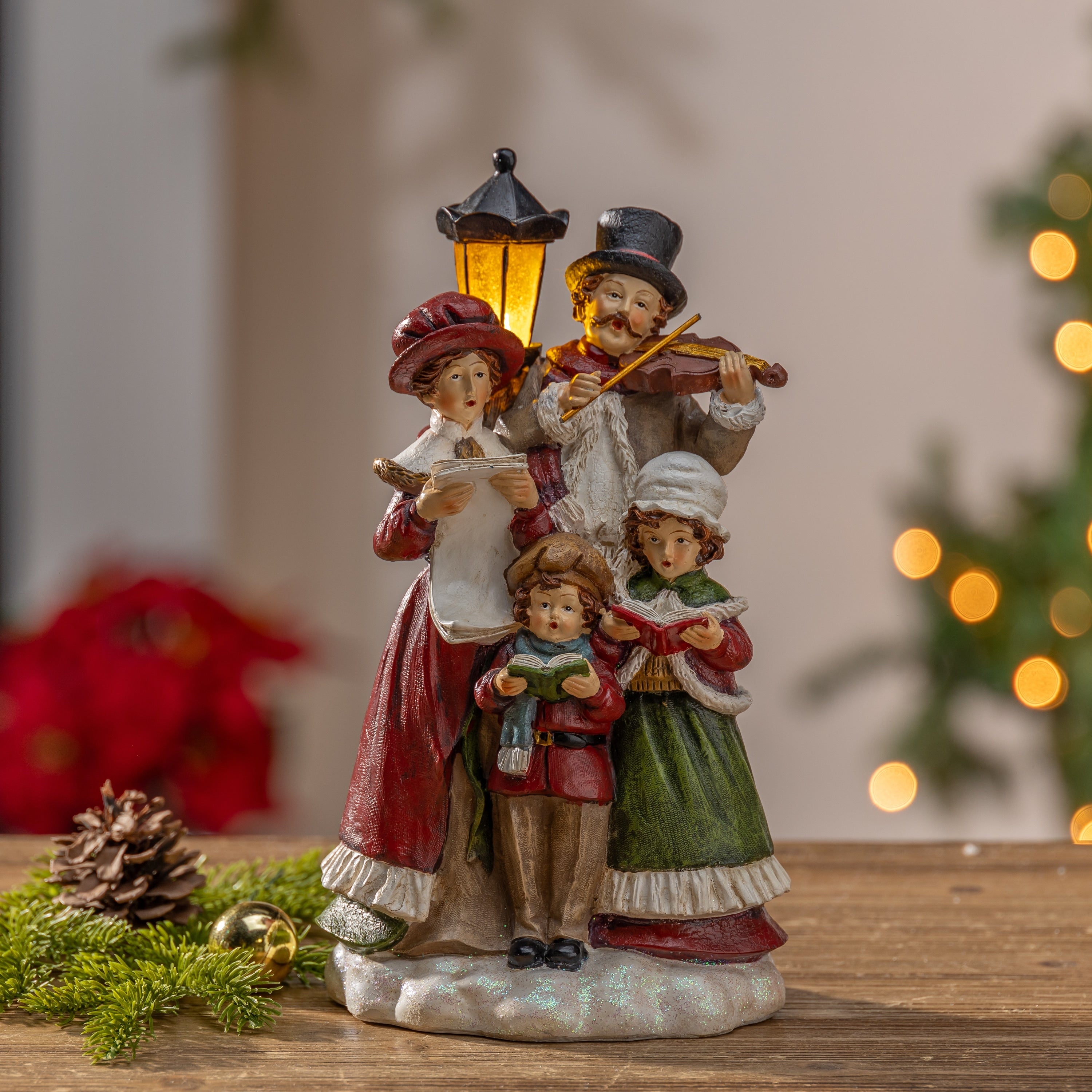 Charming 11 Inch Battery Operated Lighted Resin Holiday Carolers Figurine