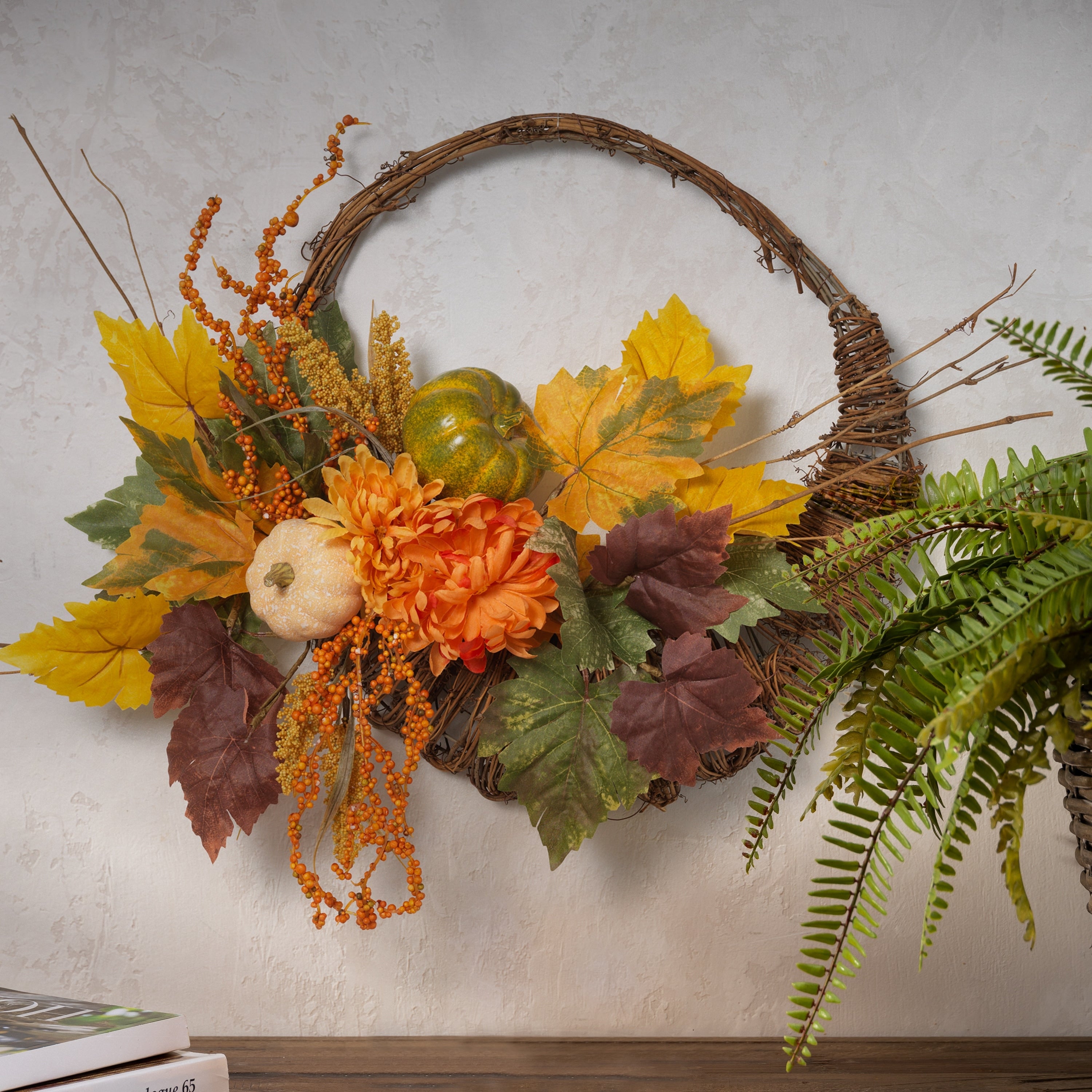 20 in. Cornucopia Wreath with Pumpkin and Berry Accents