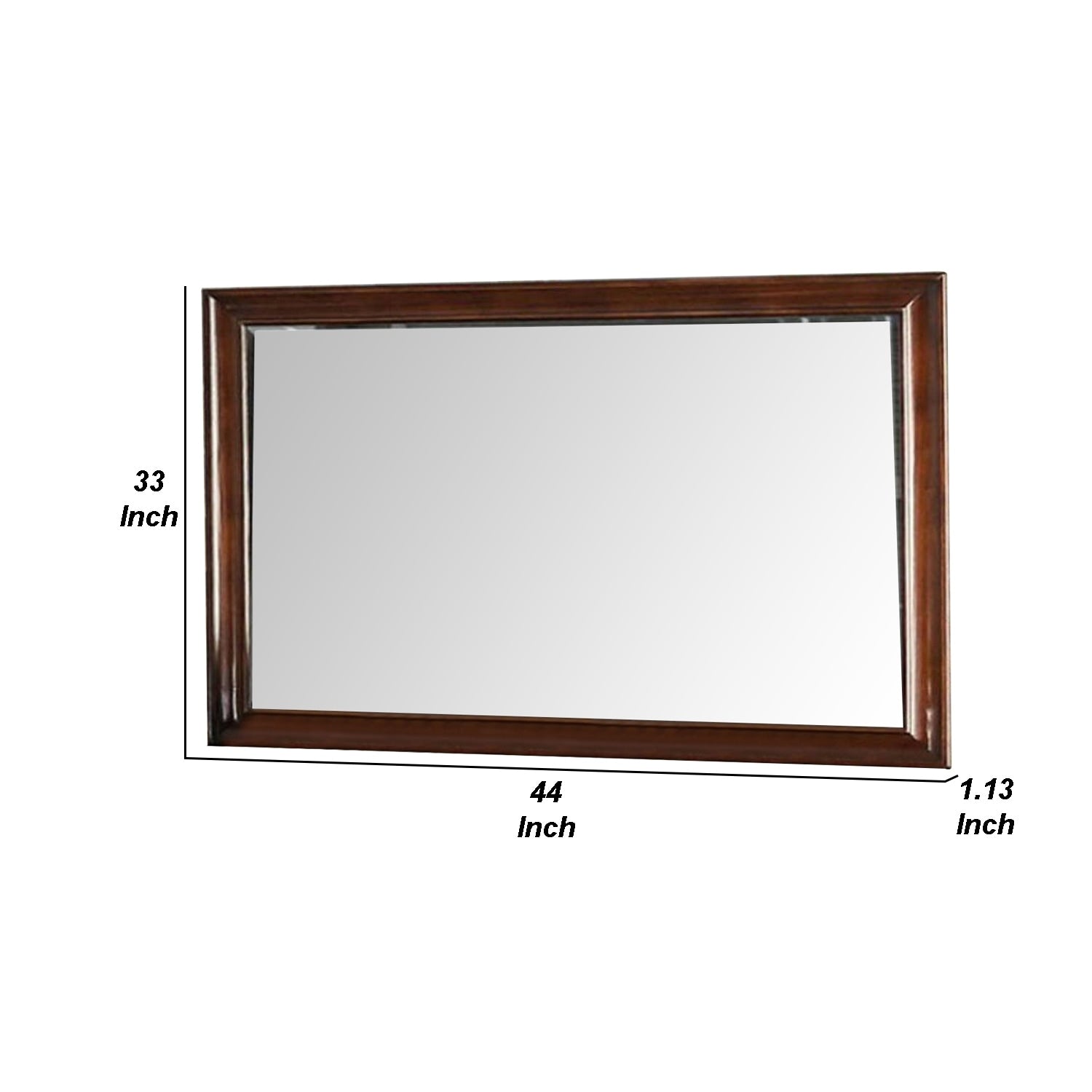 44 Inch Wall Mirror, Molded Trim, Rectangular Wood Frame, Cherry Brown