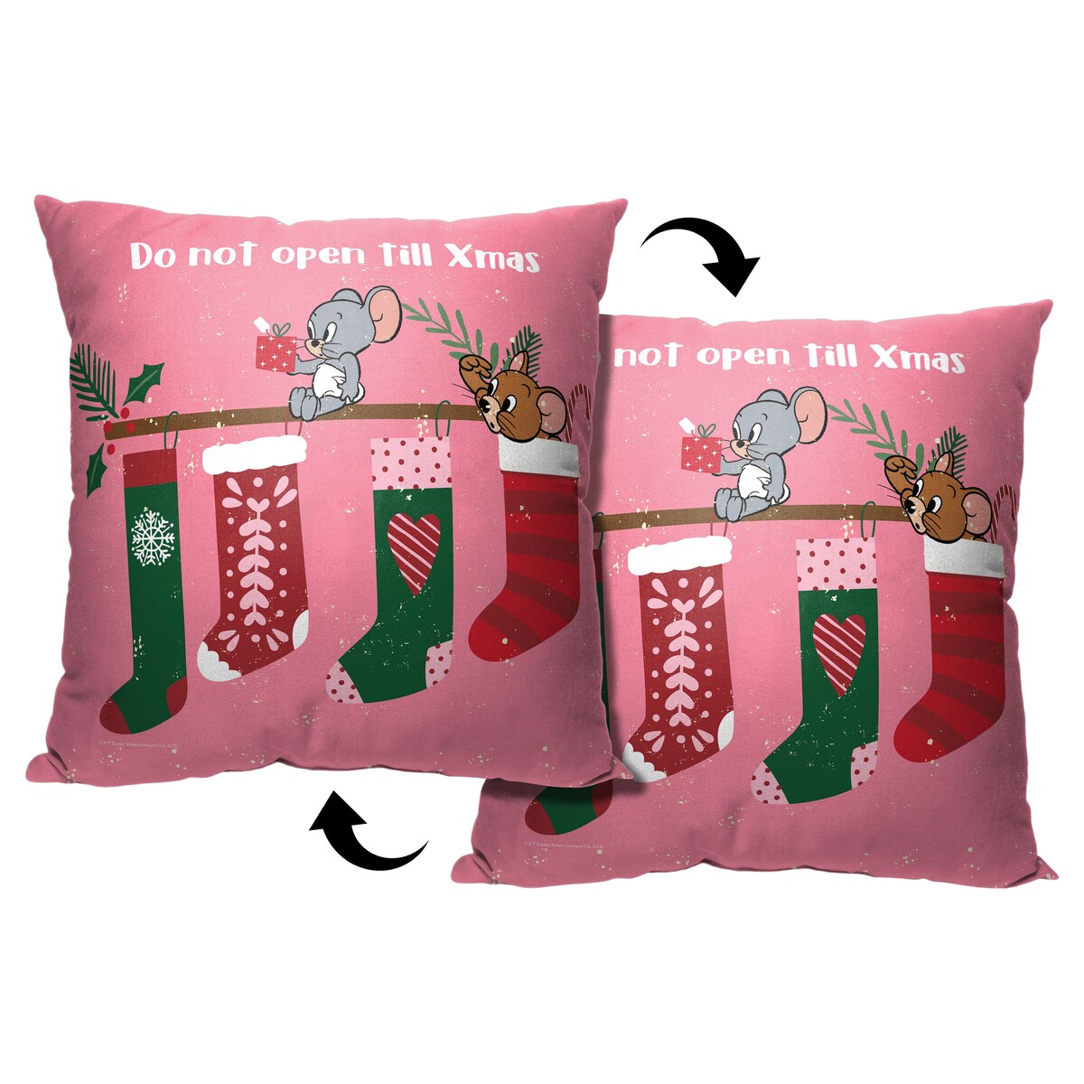 WB Tom and Jerry Don't Open till Xmas Printed Throw Pillow - Pink