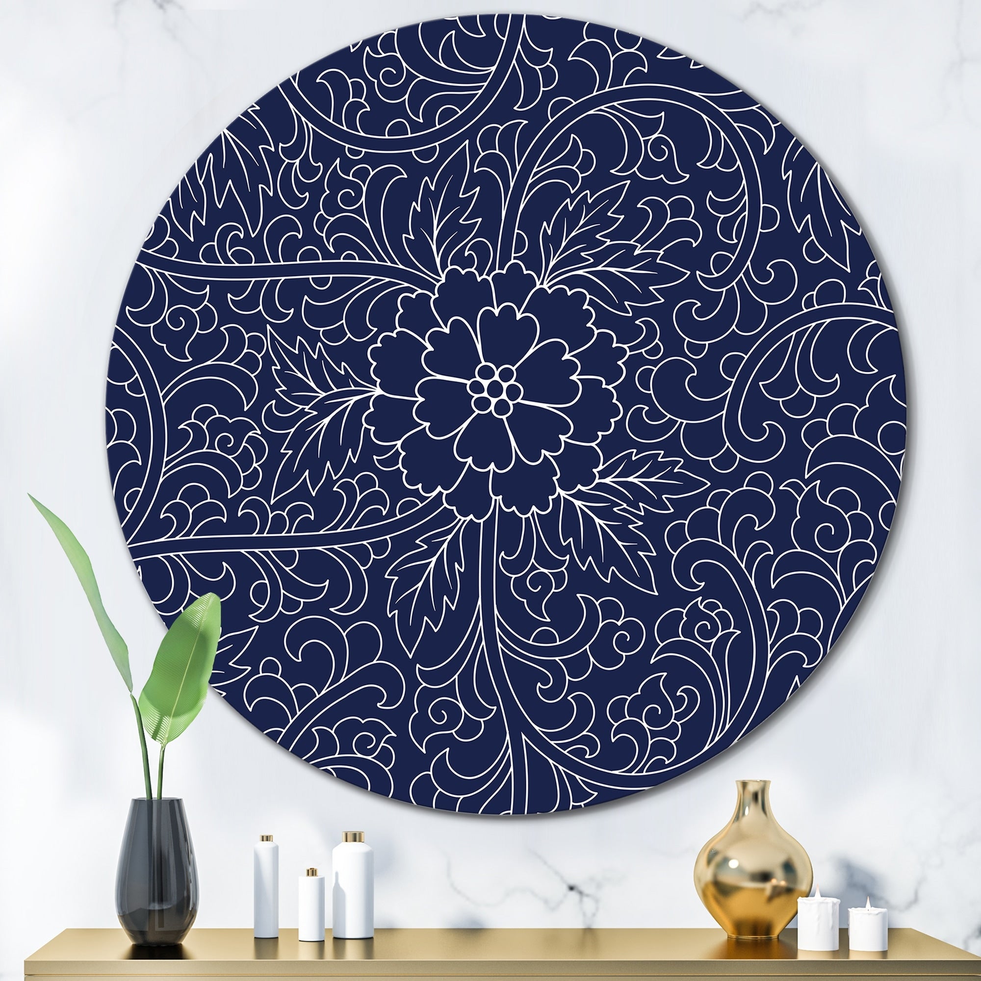 Designart 'Dark Blue Chinese Pattern' Modern Metal Circle Wall Art