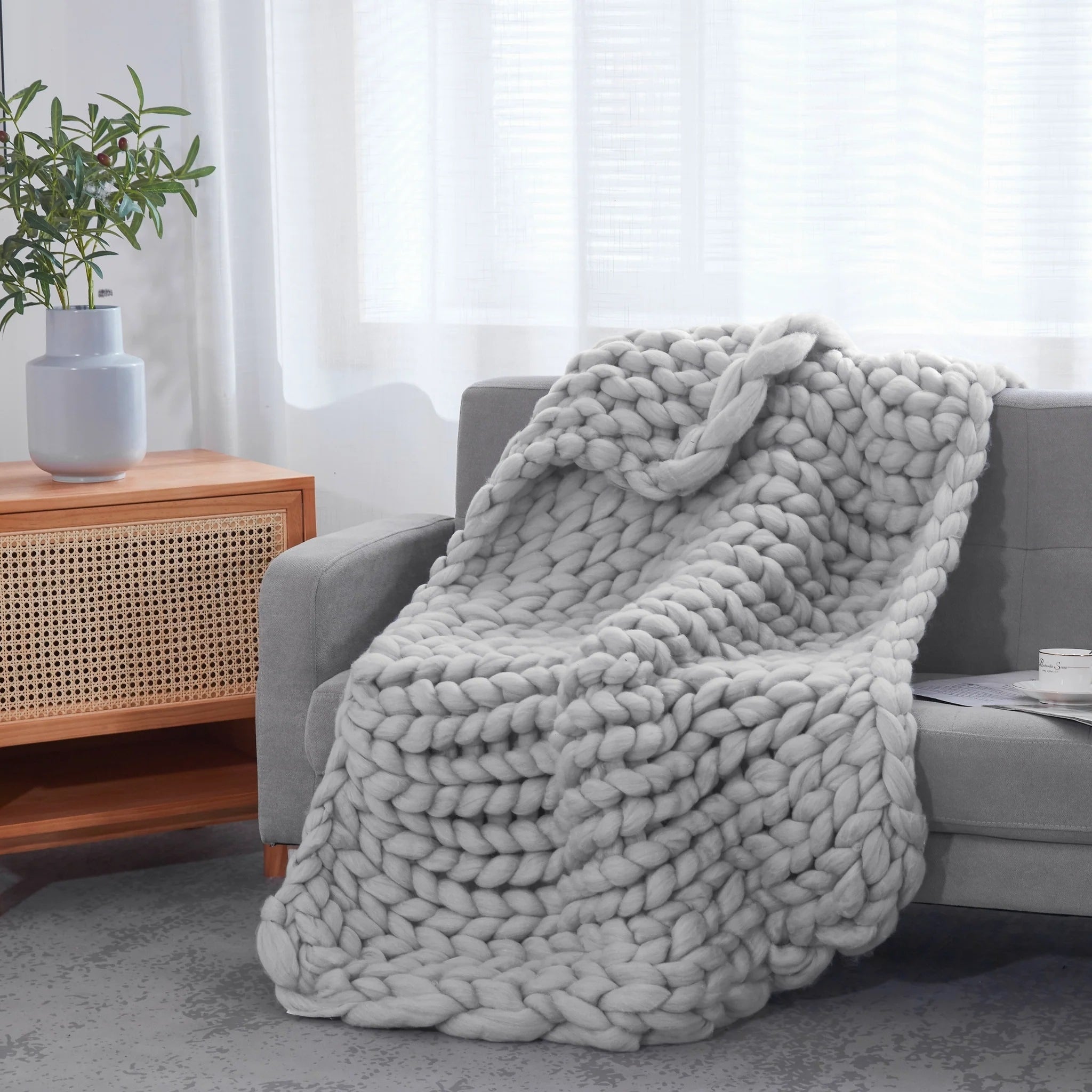 HomeRoots Light Grey Boho Chunky Knit Throw Blanket