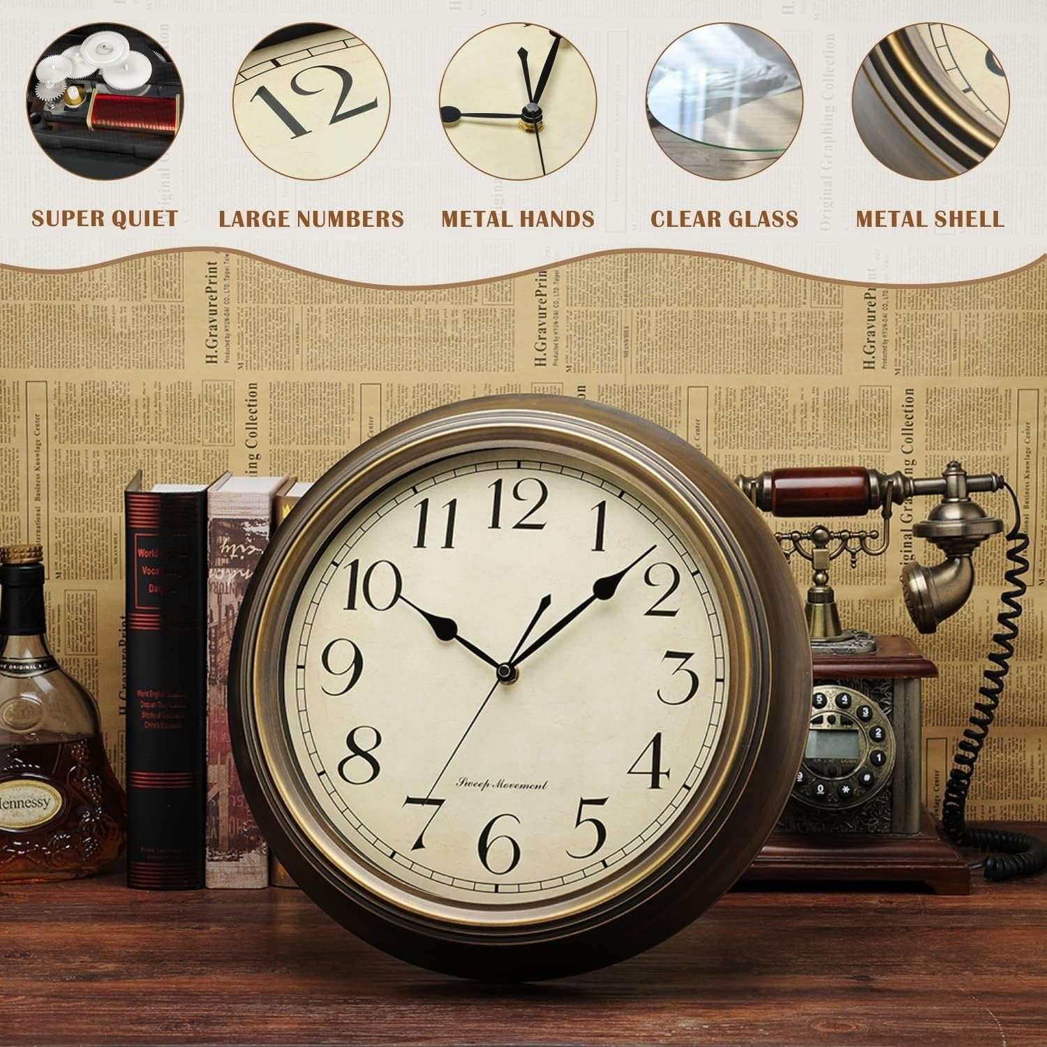 Classic Silent Metal Wall Clocks Decorative,Battery Operated,Brown