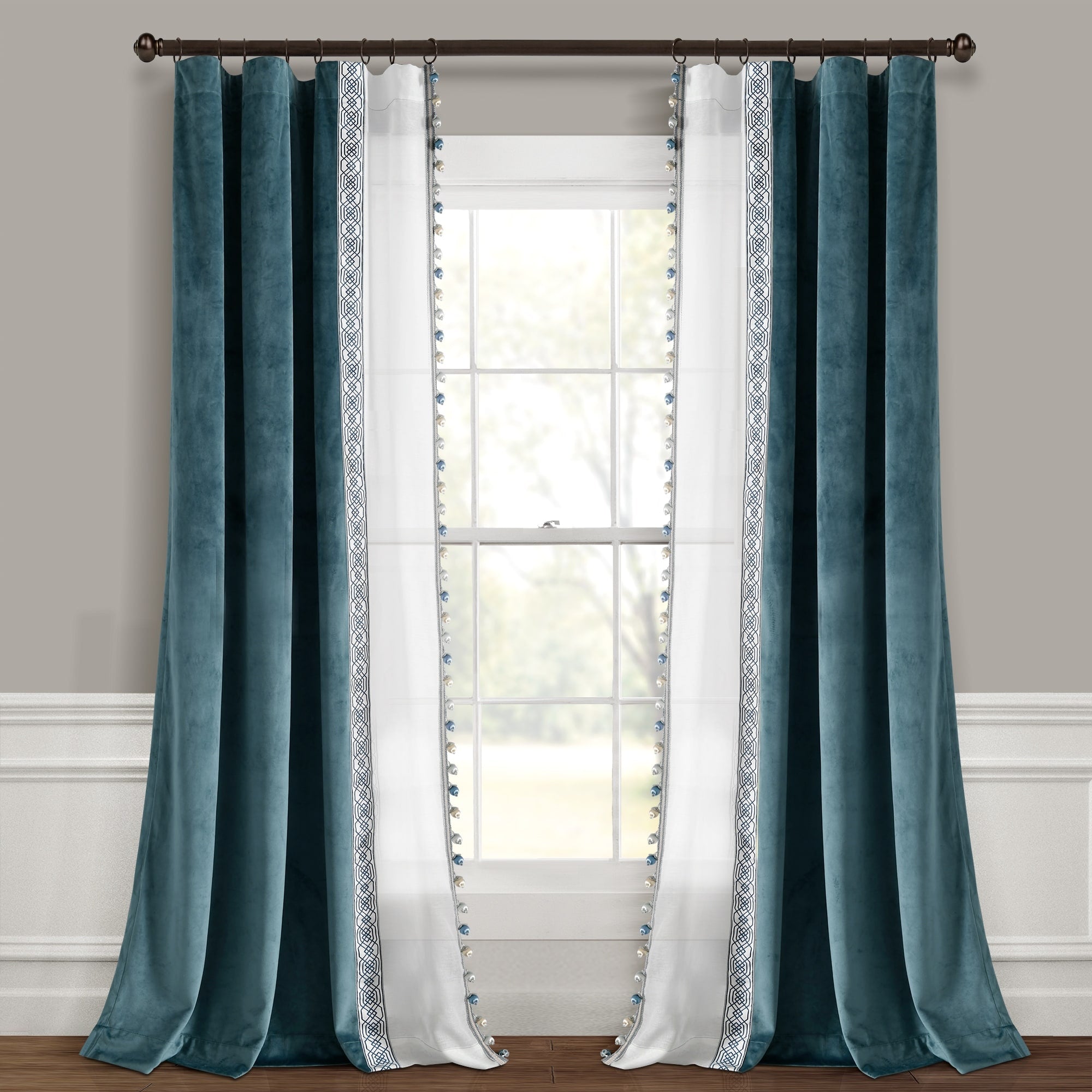 Lush Decor Luxury Vintage Velvet And Sheer With Border Pompom Trim Window Curtain Panel Single