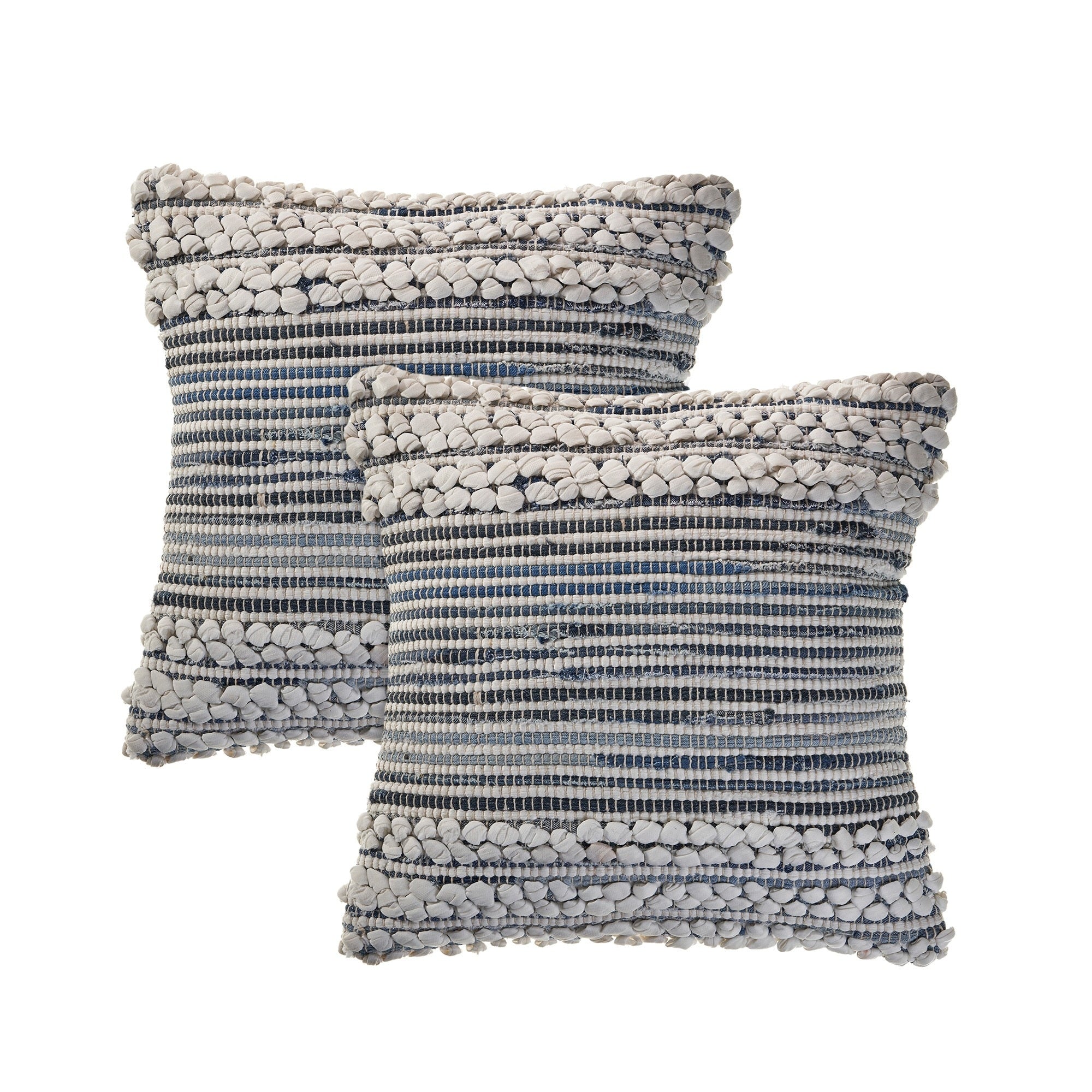 Sevita Blue/Ivory Stripe Cotton Blend Throw Pillow, Set of 2