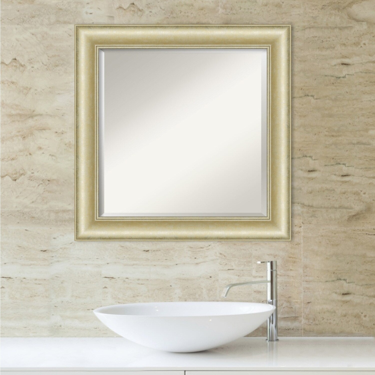 Beveled Bathroom Wall Mirror - Textured Light Gold Frame