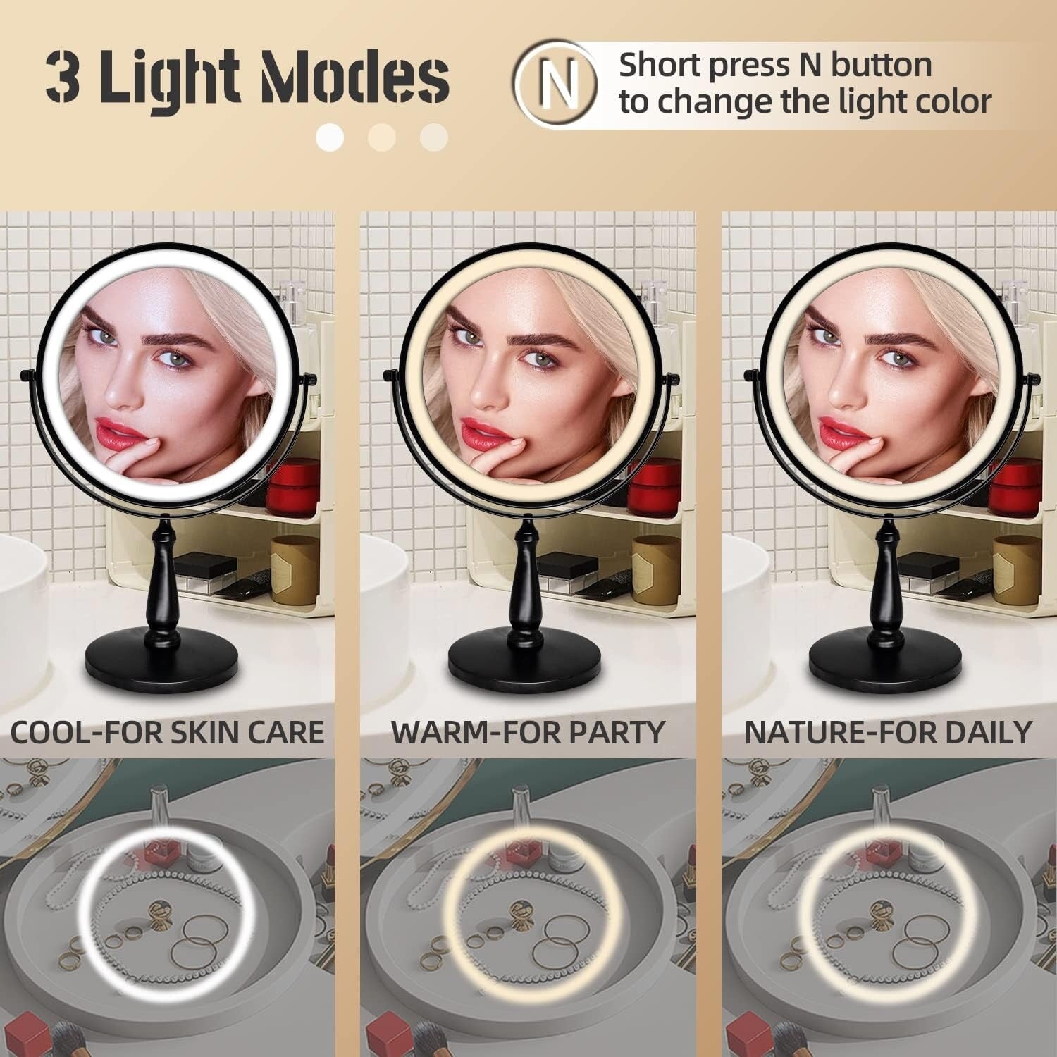 9 Makeup Mirror, 1X/10X Magnifying Mirror with 3 Colors Dimmable Lightning, 360°Rotation Double Sided Desk Mirror