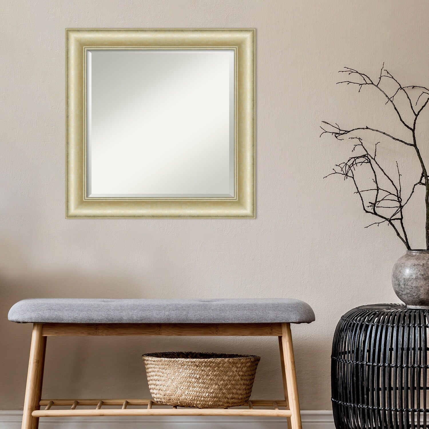 Beveled Bathroom Wall Mirror - Textured Light Gold Frame