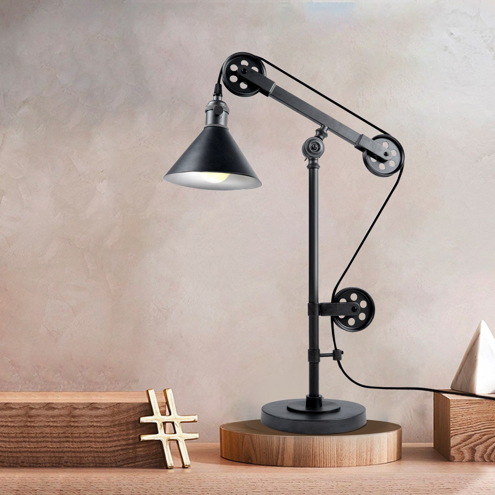 Industrial Table Lamp With Pulley System Adjustable Arm Desk Lamp