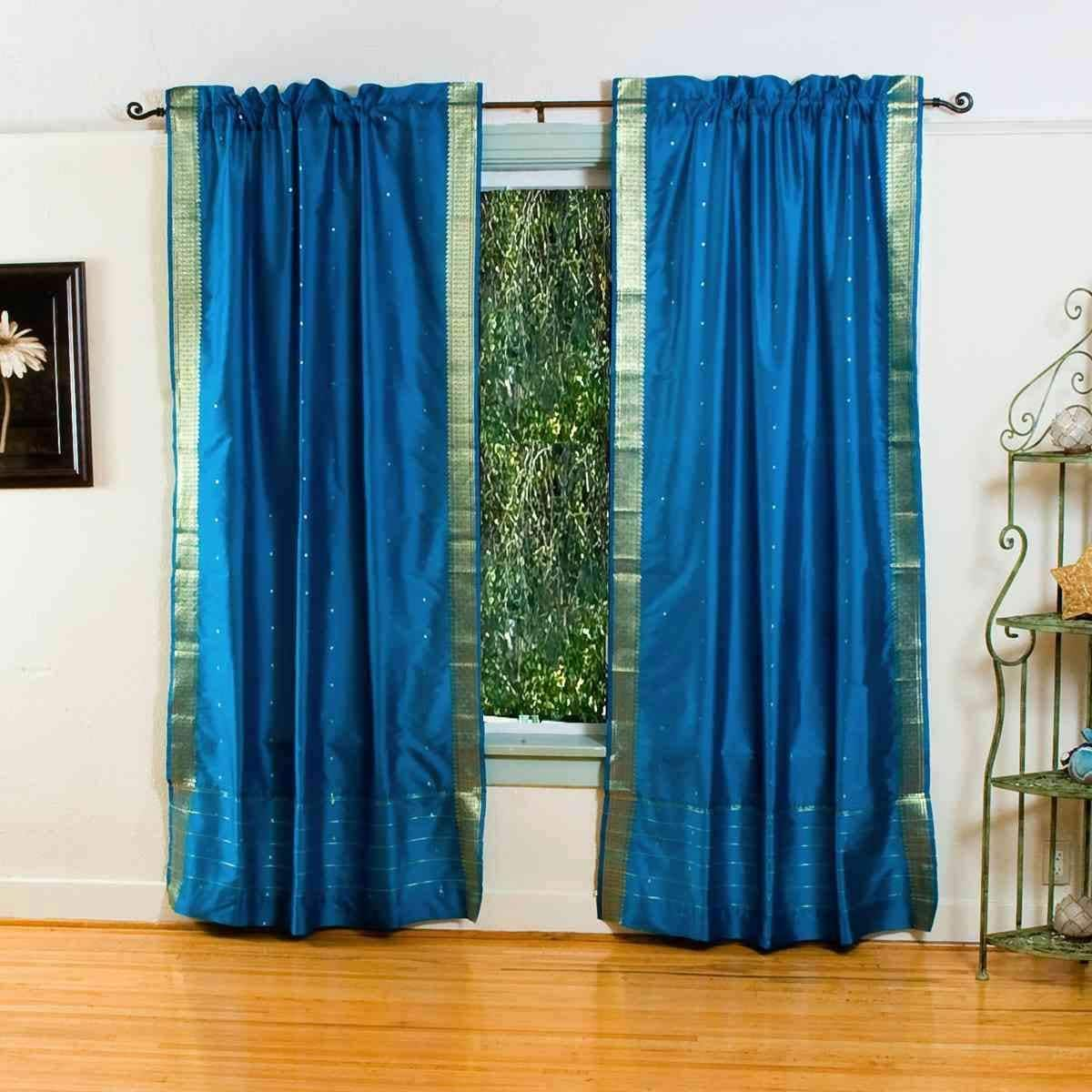 Turquoise 84-inch Rod Pocket Sheer Sari Curtain Panel (India)-Pair